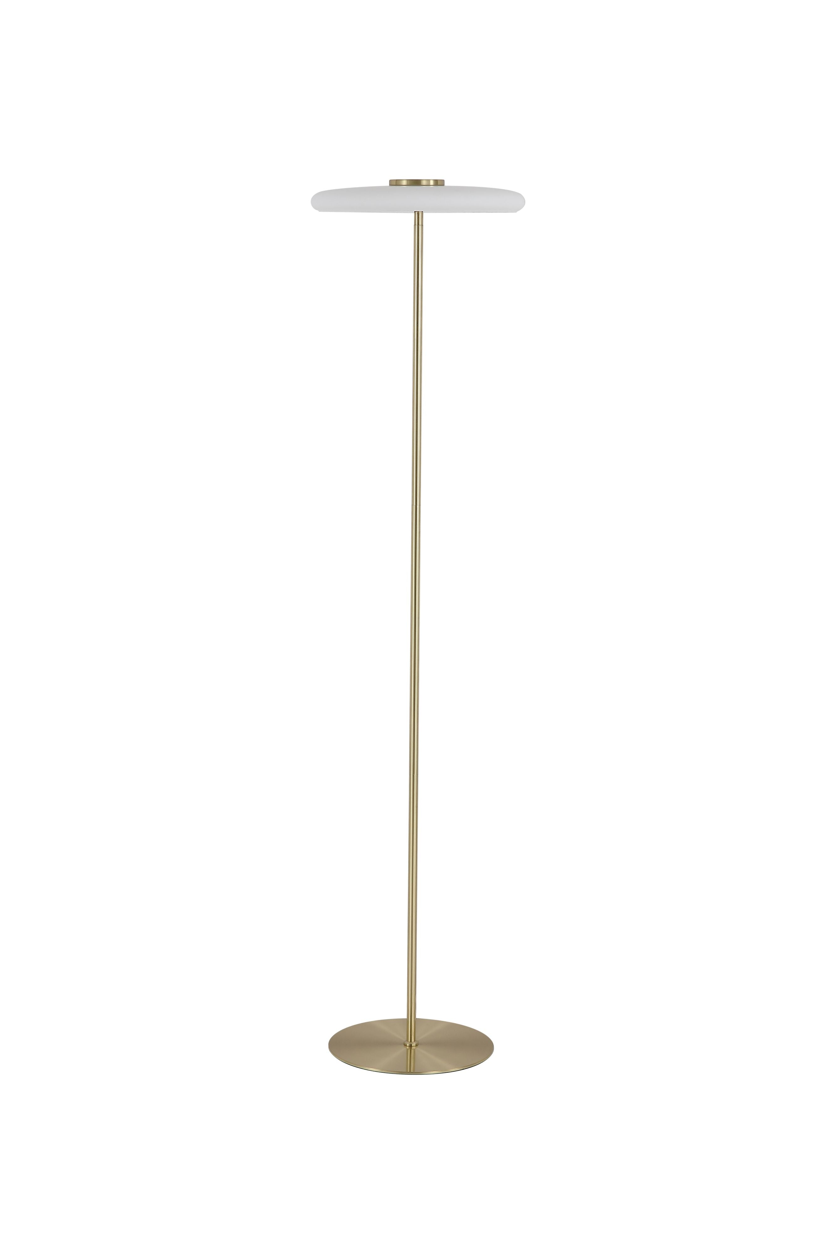 Record floor lamp with a round white glass shade on a tall satin brass column and circular base, shown from a second studio angle
