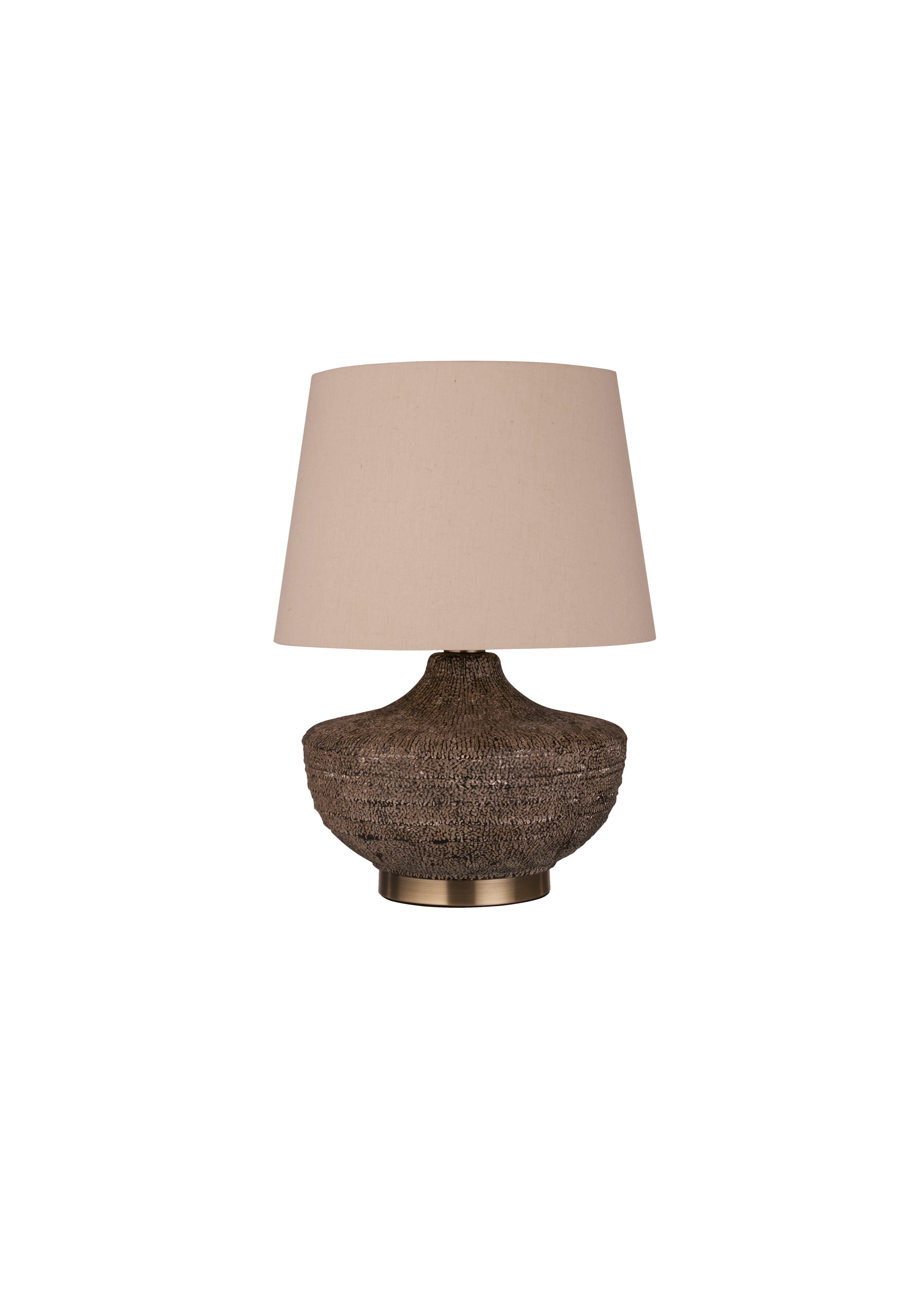 Searchlight Avaya table lamp shown from a slightly different angle, ribbed ceramic base in gold and grey ombre tones with a beige linen tapered shade