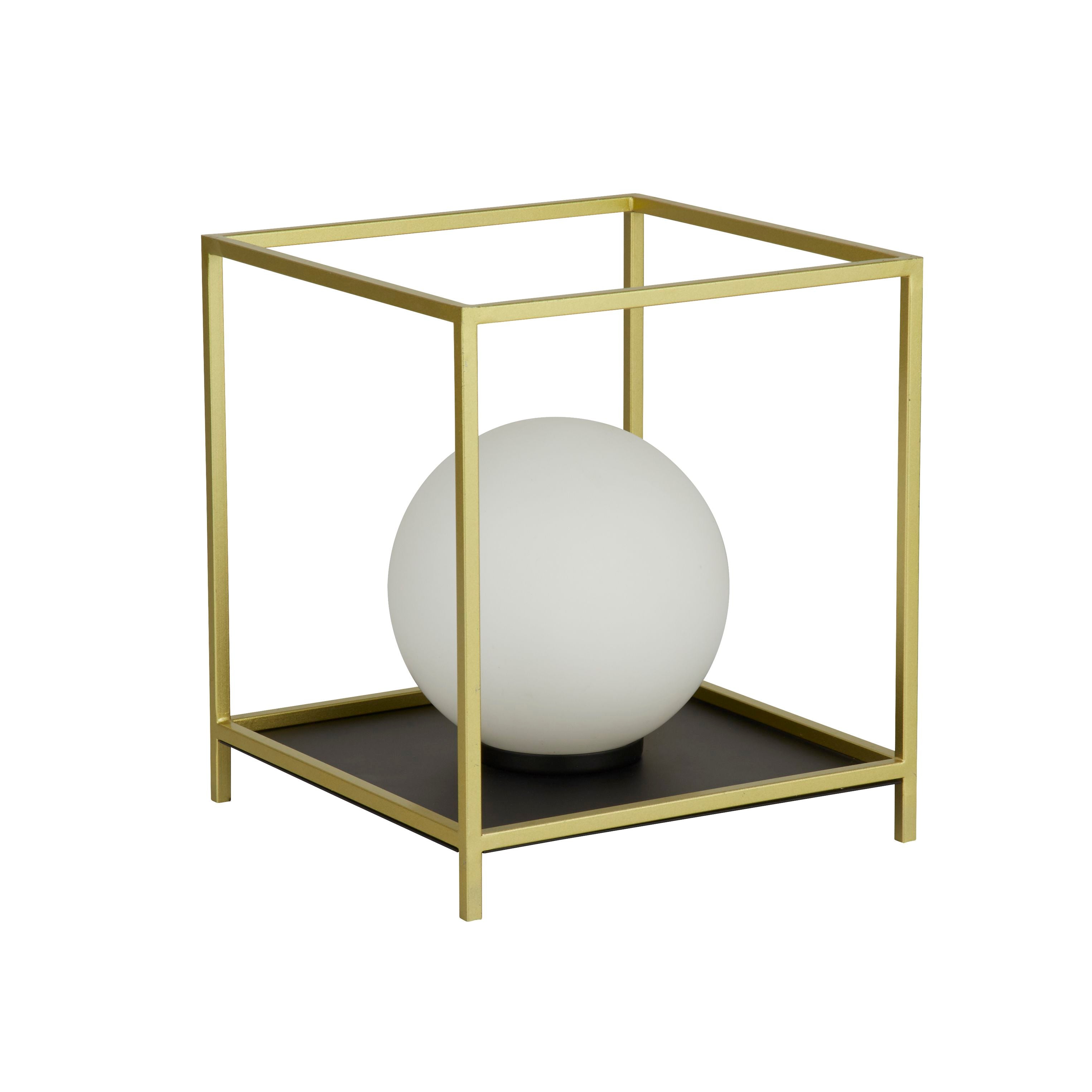 Searchlight Block table lamp, alternate angle showing the gold metal frame and opal glass globe sitting on its black base plate