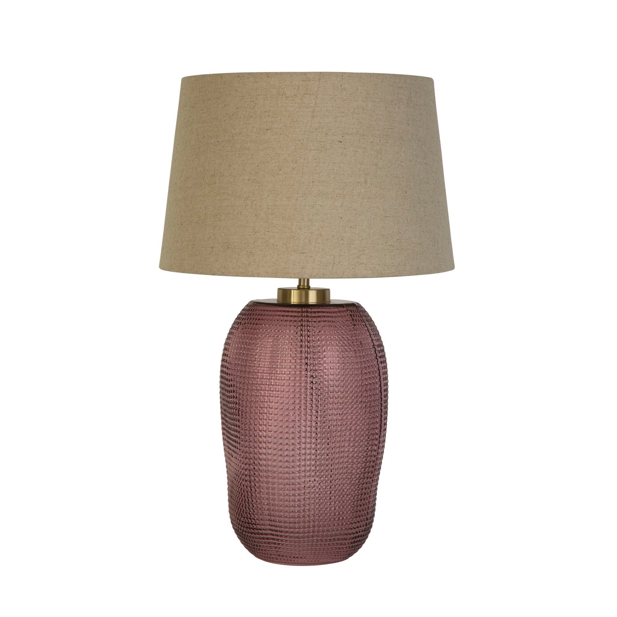 Searchlight Amethyst table lamp with textured pink glass base and natural linen shade, front view on a white background