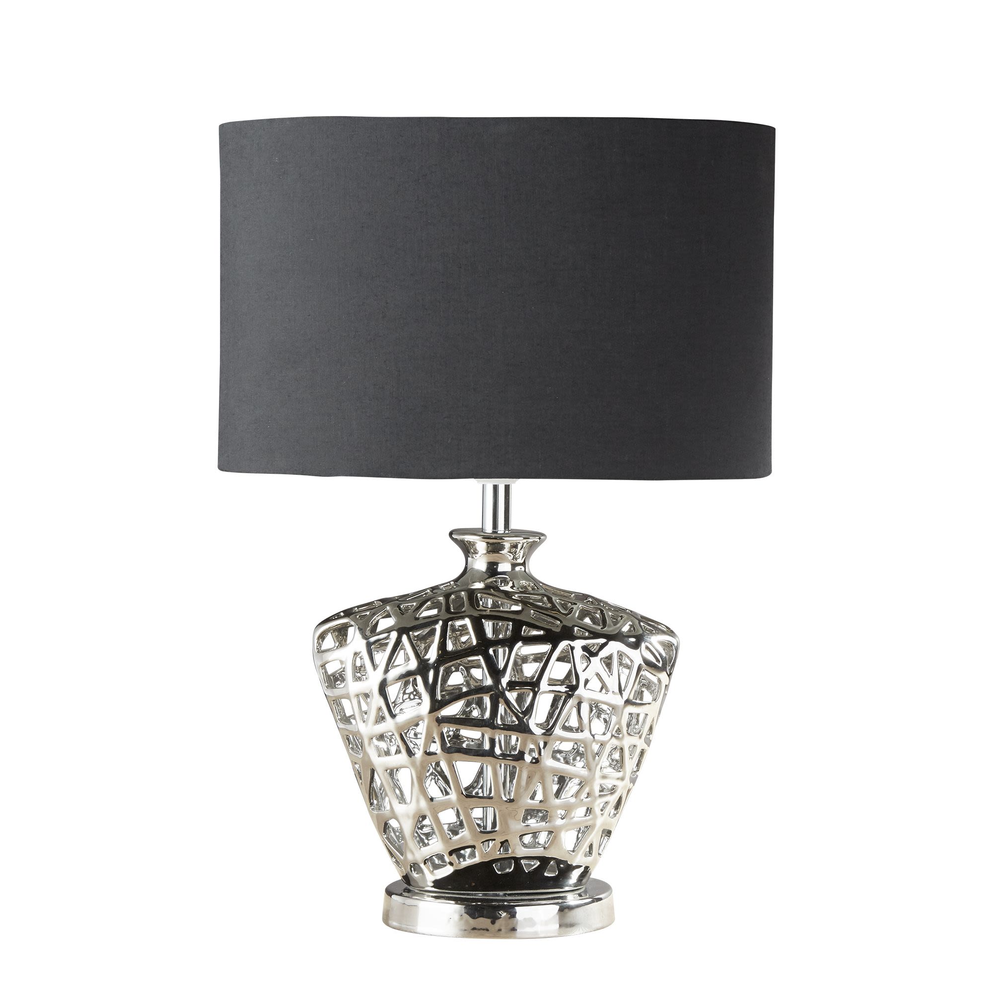 Searchlight Network table lamp shown straight on, showing the woven cut out pattern of the ceramic base beneath the black oval shade