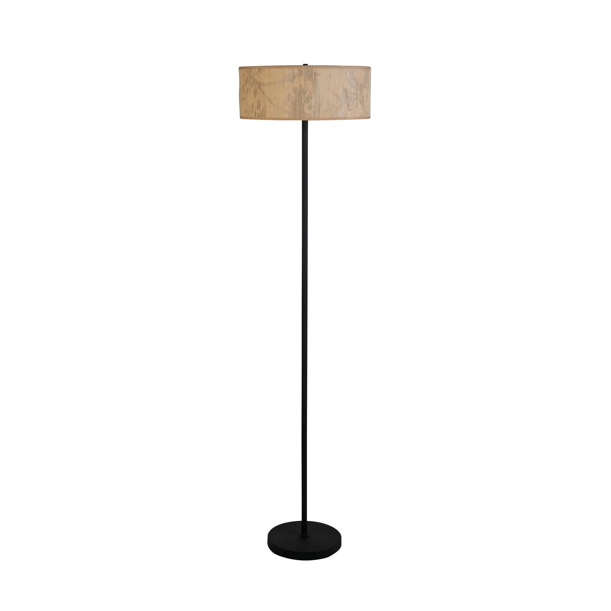 Searchlight Isla 3 Light Floor Lamp shown at a slight angle, highlighting the leaf print shade and black metal stem, studio shot on white background