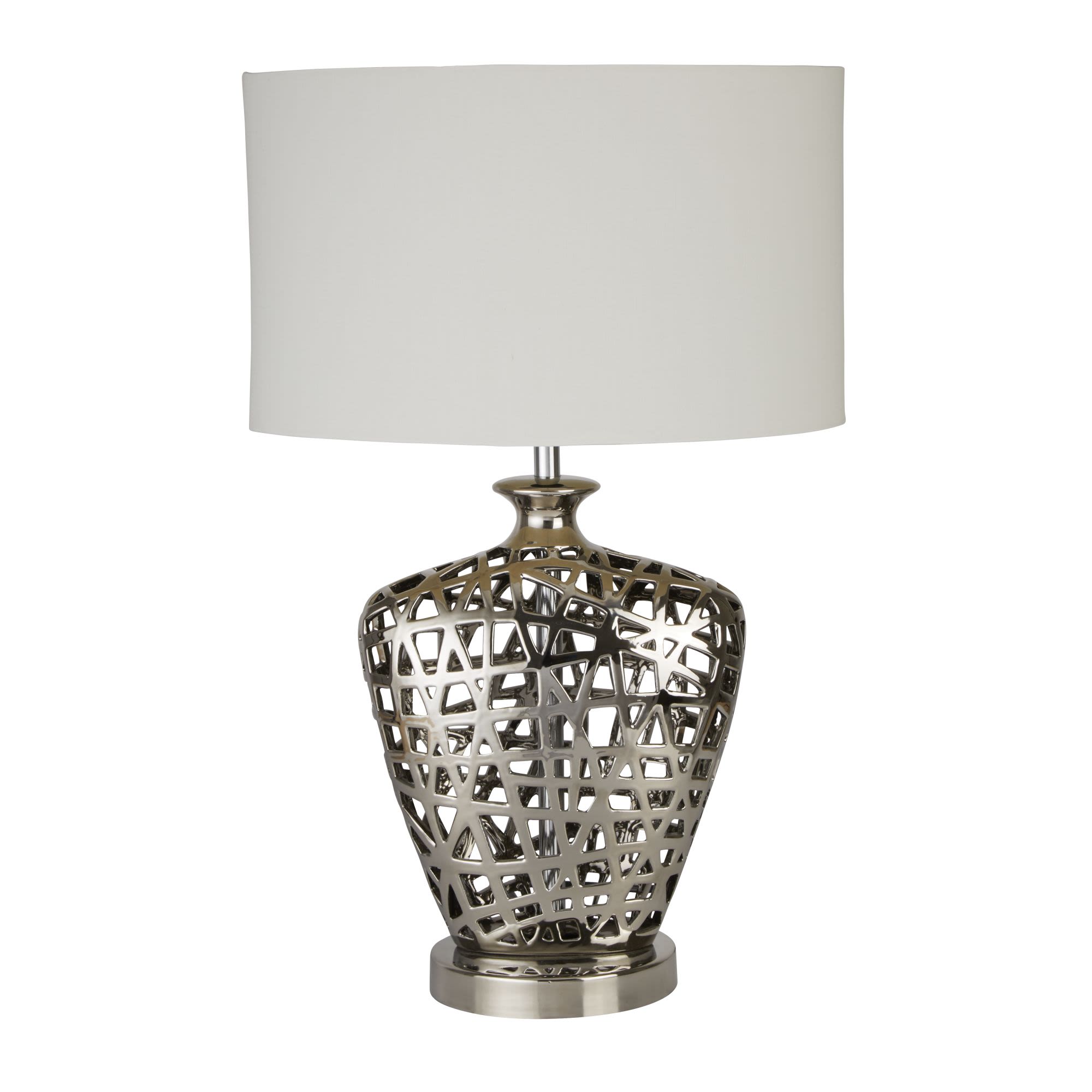 Searchlight large Network table lamp shown straight on, showing the woven cut out pattern of the ceramic base beneath the white oval shade