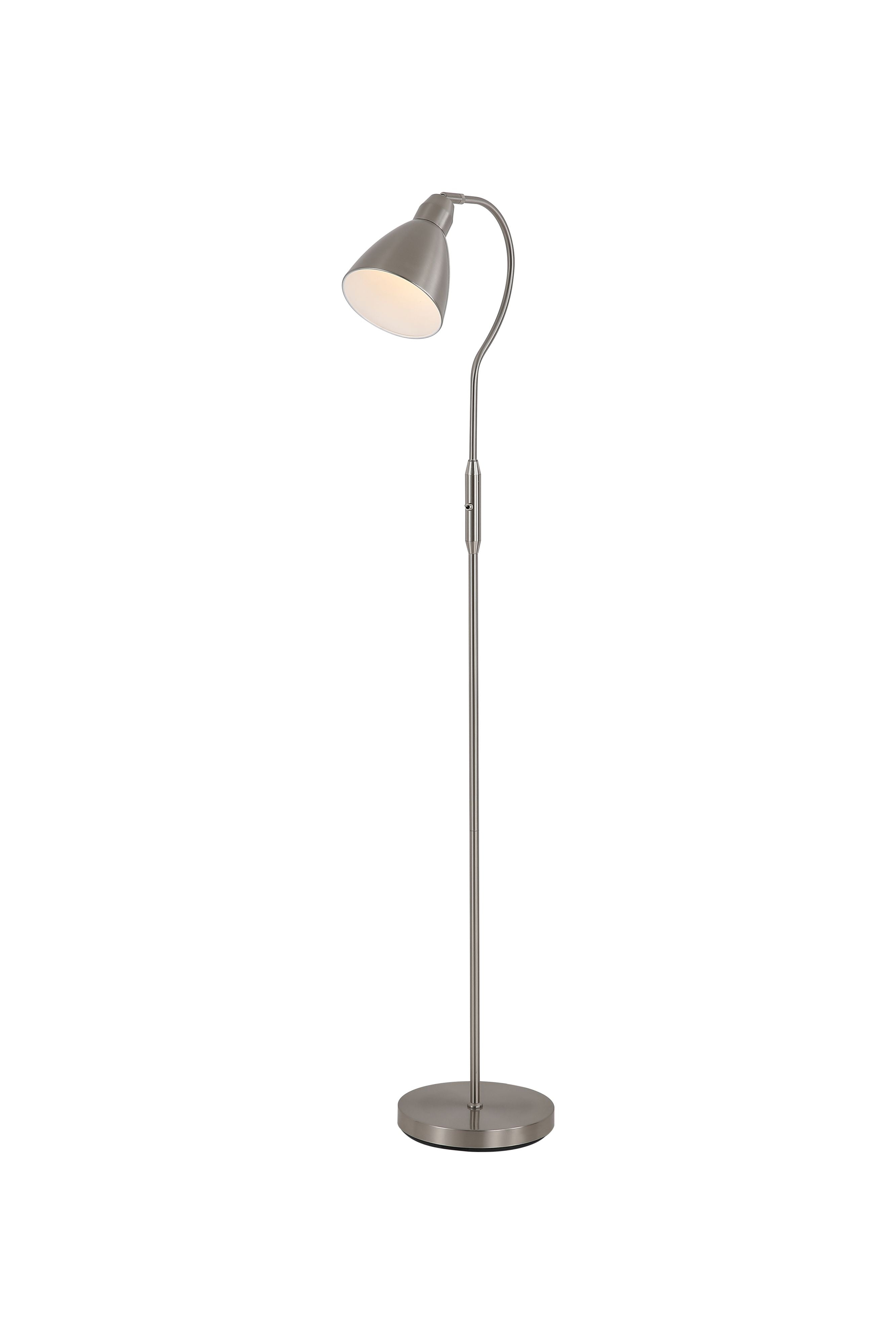 Searchlight Adjustable Floor Lamp in satin nickel, studio shot showing the curved neck and domed shade