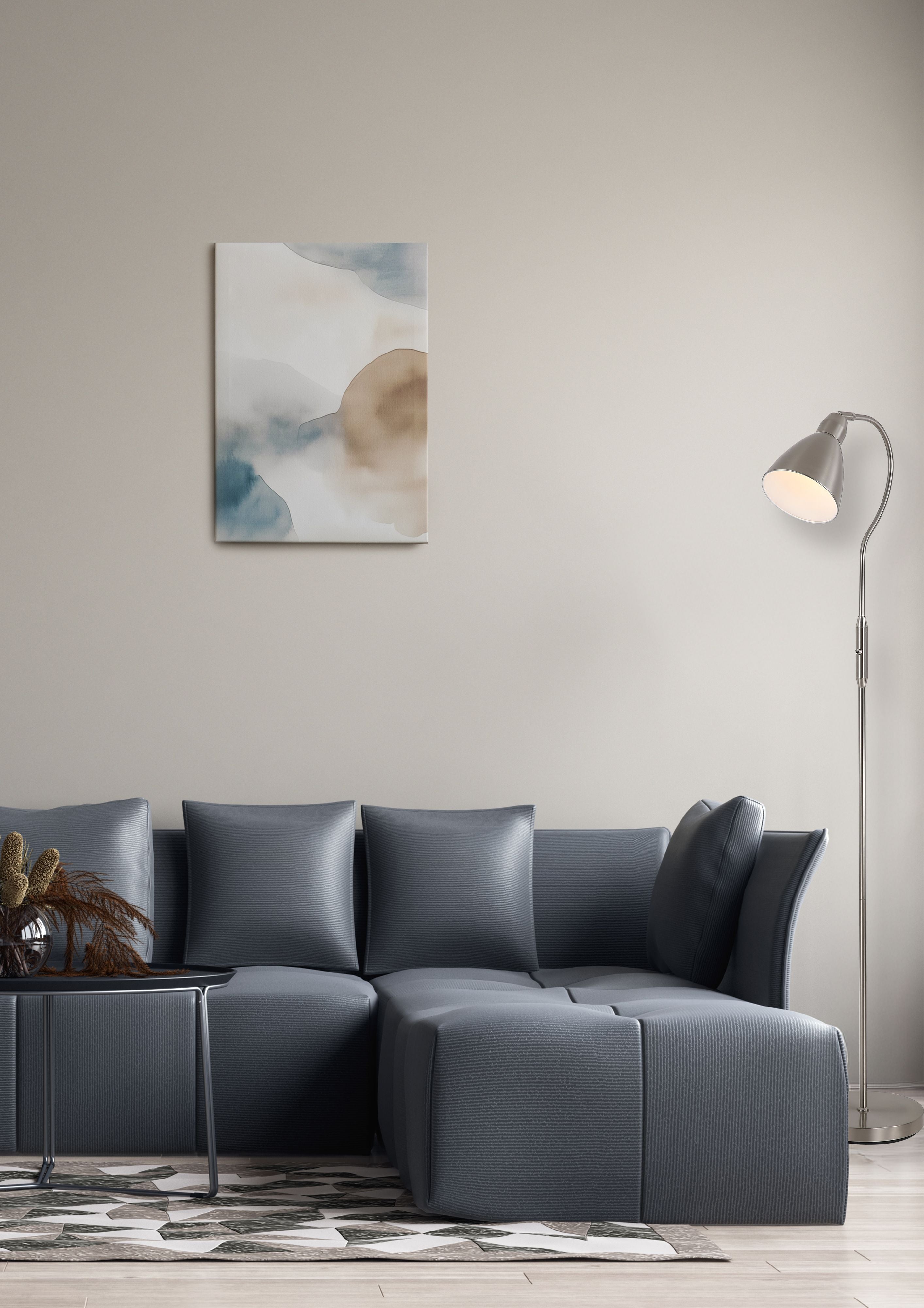 Searchlight Adjustable Floor Lamp styled in a dark blue room beside an armchair with a faux fur throw
