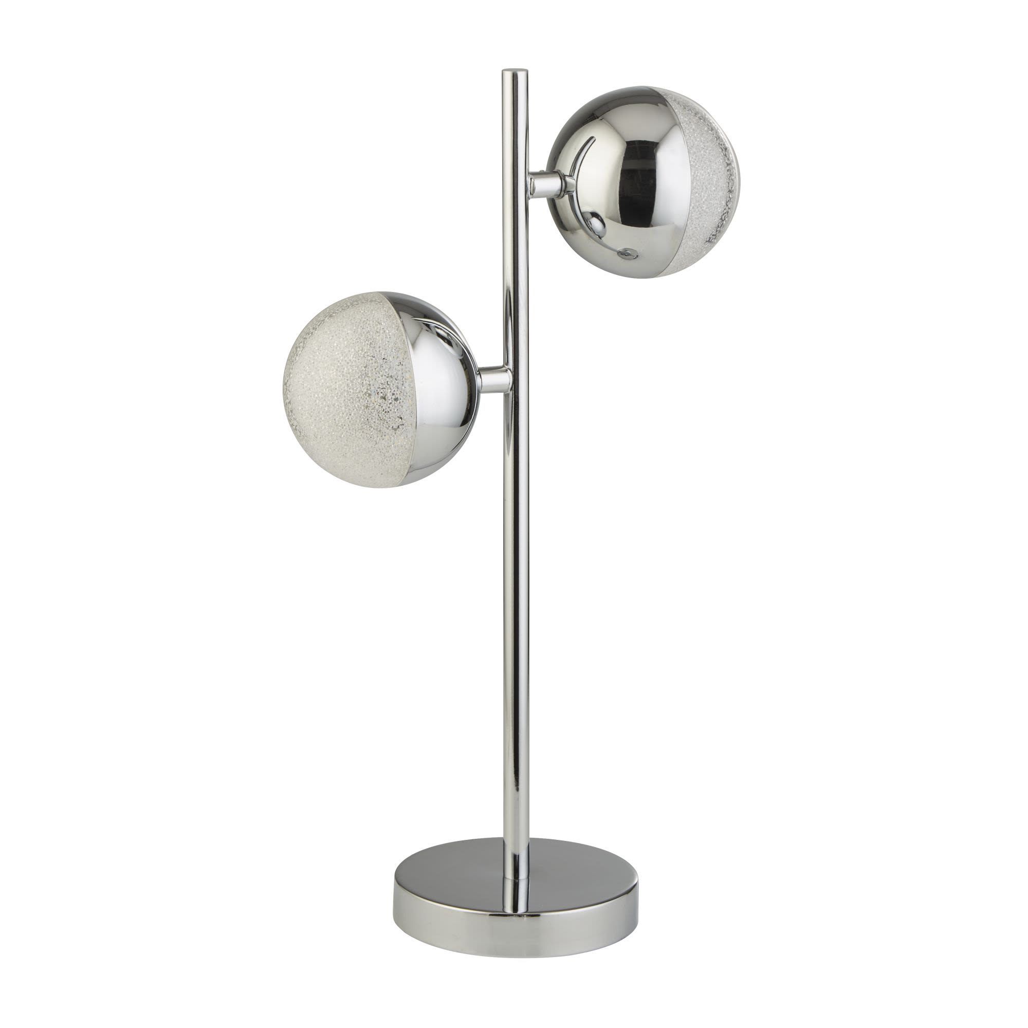 Marbles table lamp in chrome with two crystal sand glass ball shades, shown from a second studio angle on a plain white background