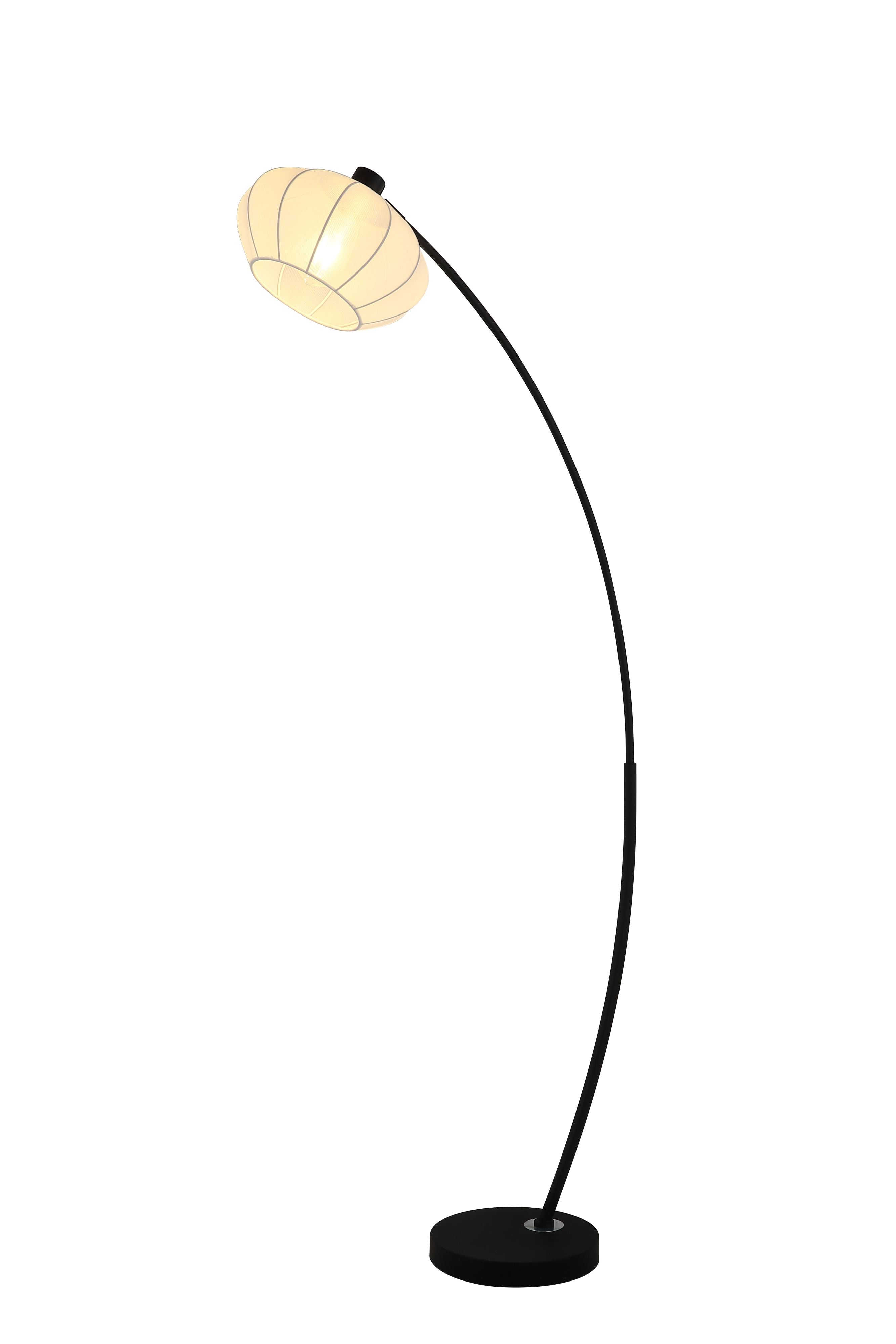 Searchlight Radiant floor lamp with a curved black arm and bud shaped white ribbed shade, studio shot on white