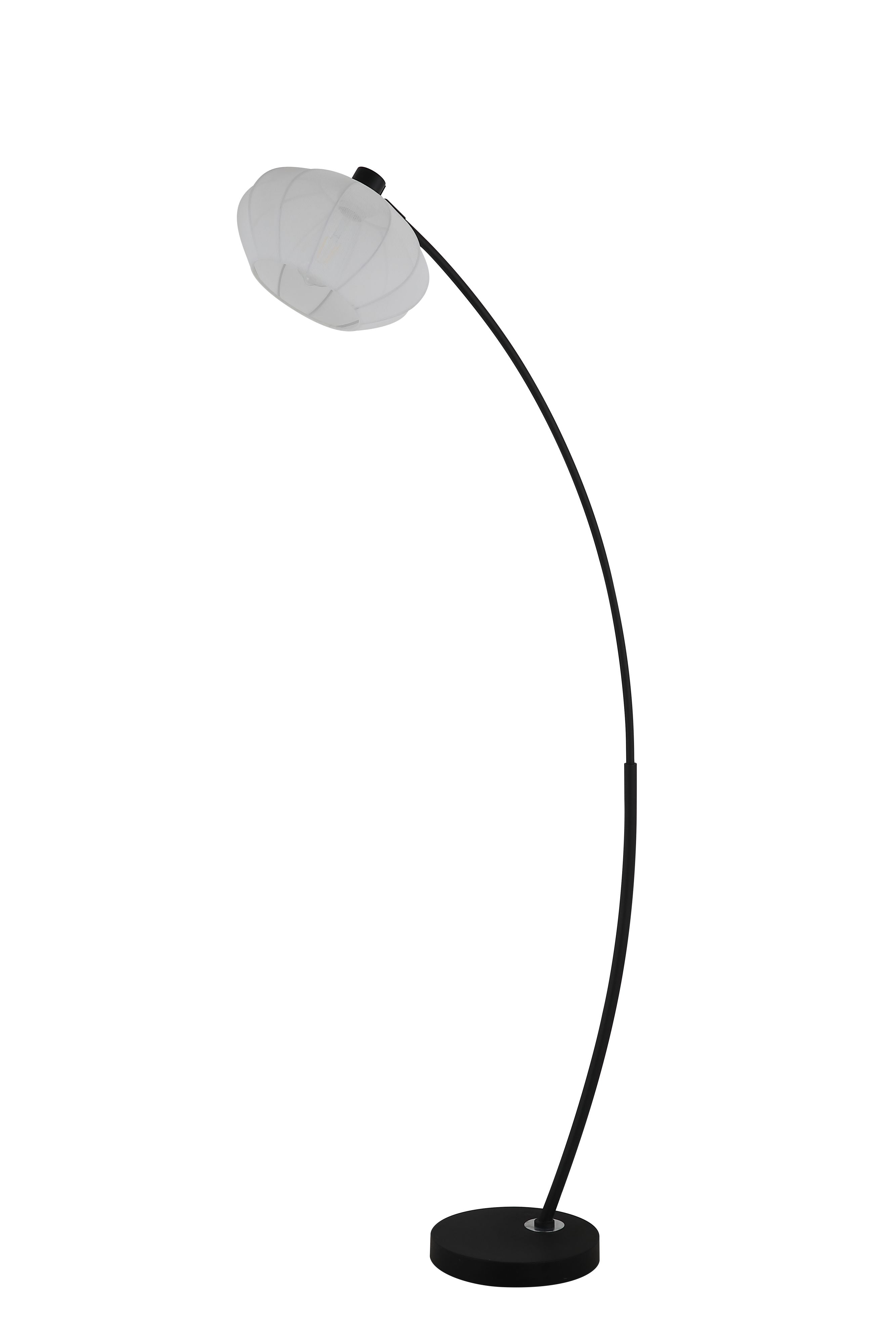 Searchlight Radiant floor lamp, alternate angle showing the arching black stem and round base