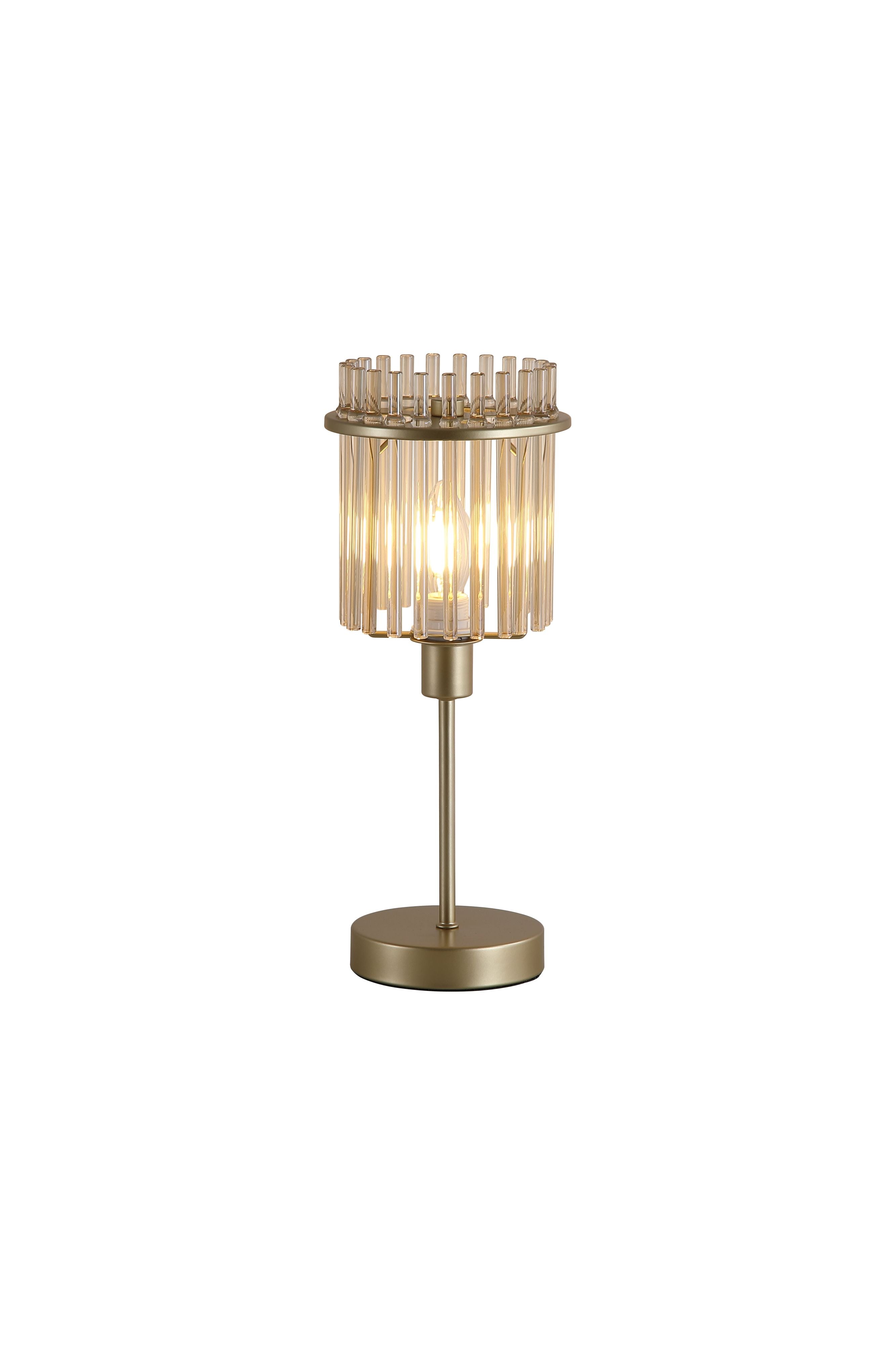 Searchlight Swizzle gold table lamp with champagne tinted glass rods, straight on studio shot with the bulb lit