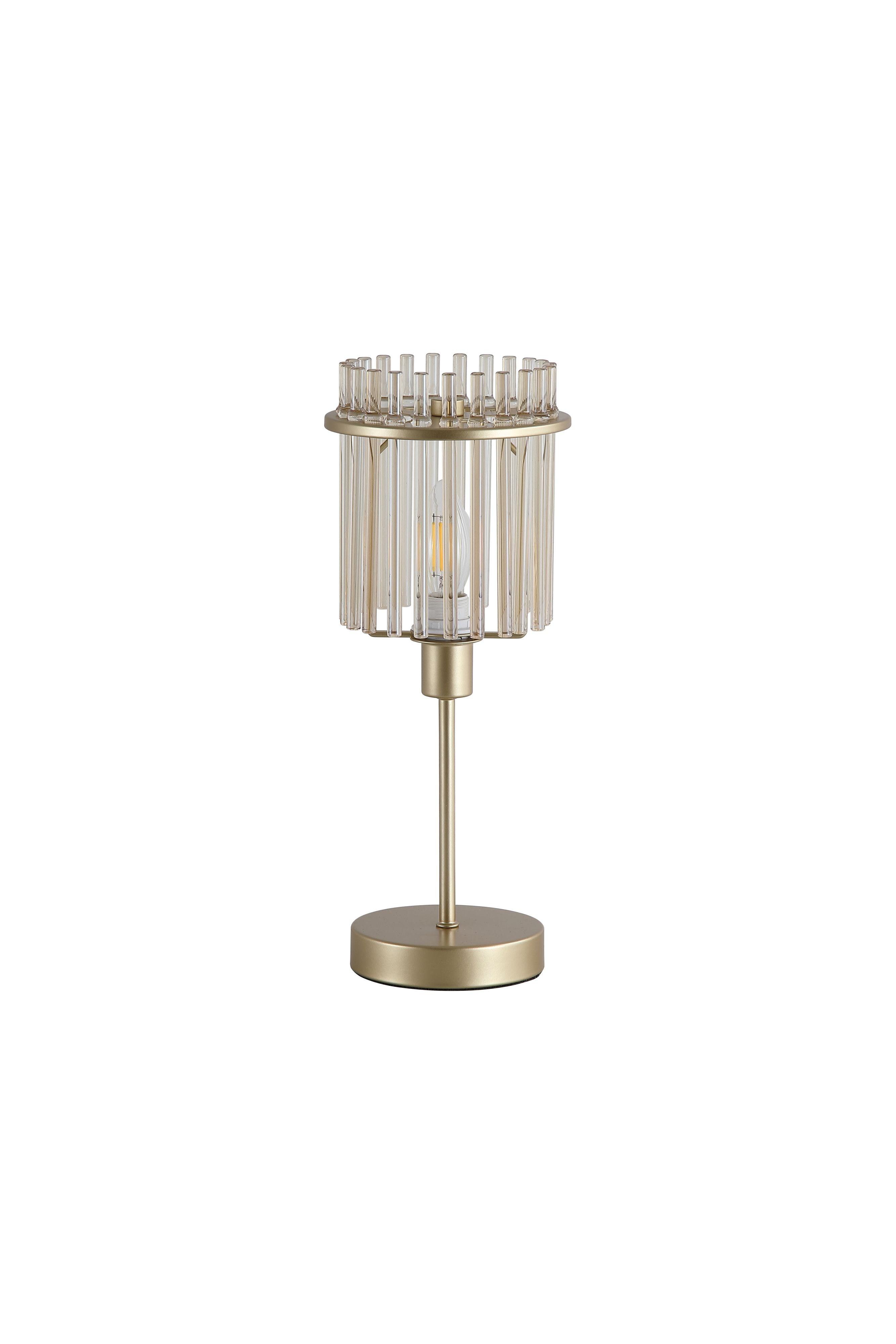 Searchlight Swizzle gold table lamp with champagne tinted glass rods, studio shot on a plain white background with the bulb lit