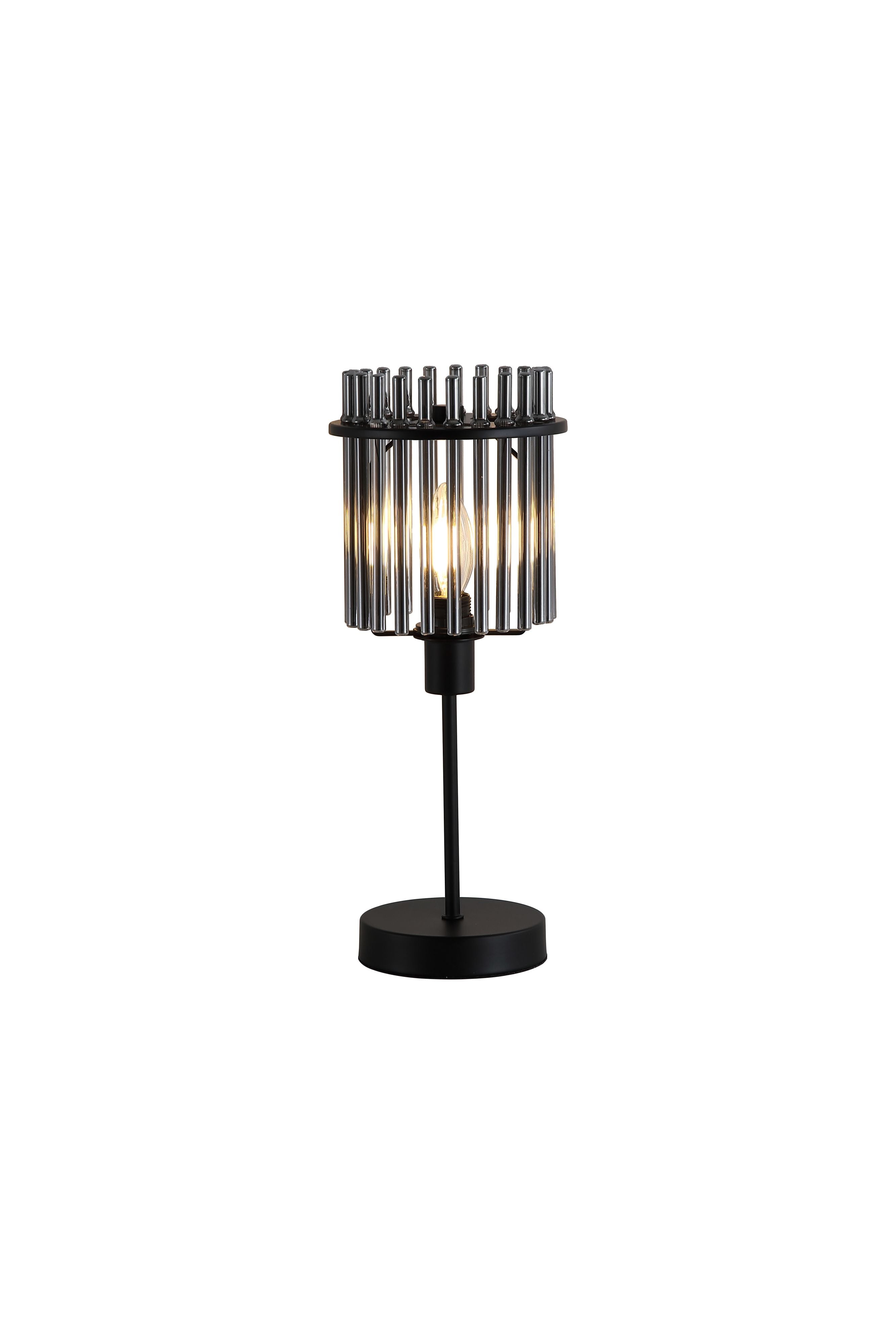 Searchlight Swizzle matt black table lamp with smoked glass rods, straight on studio shot with the bulb lit