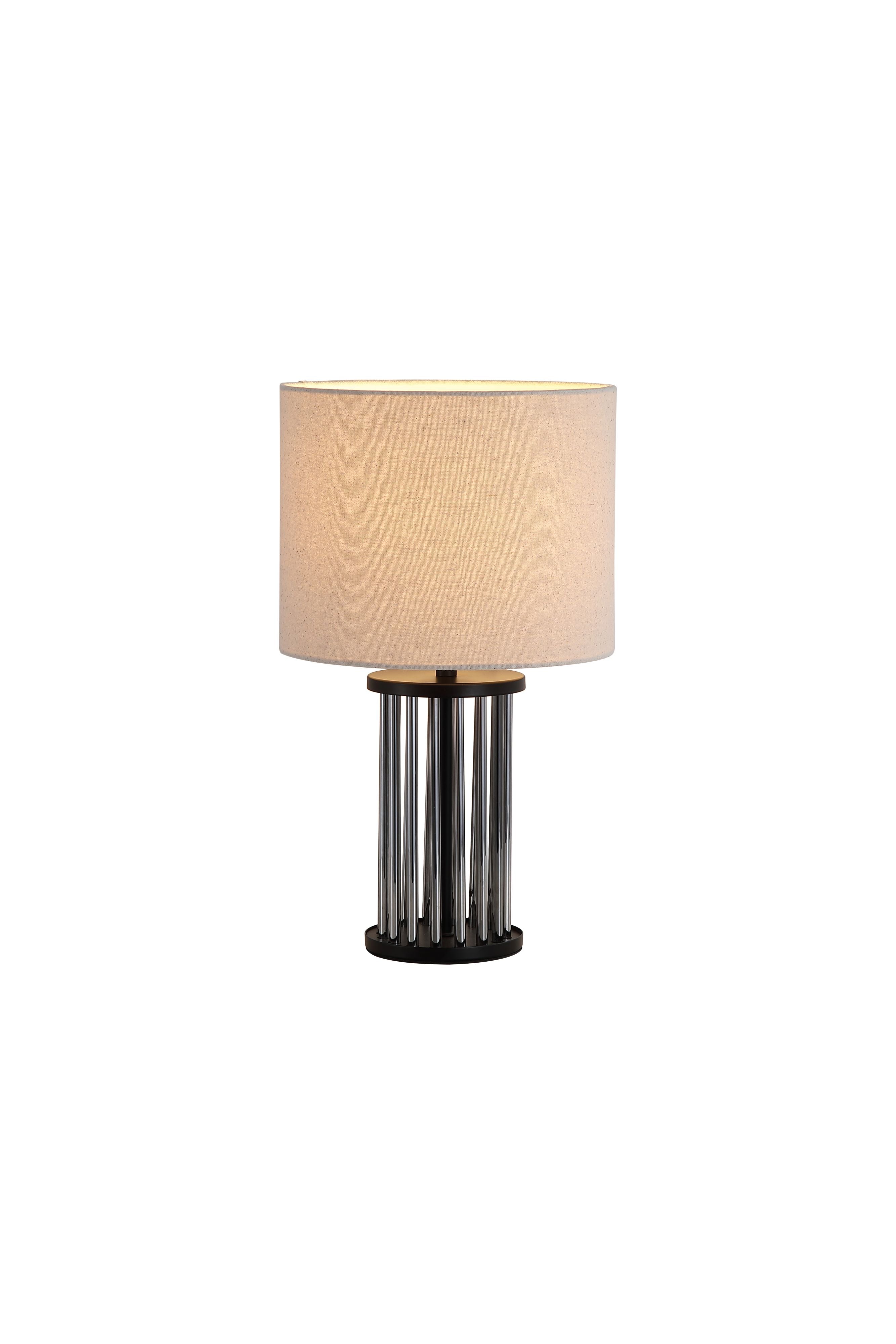 Searchlight Swizzle table lamp in matt black with a white linen shade, studio shot on a white background