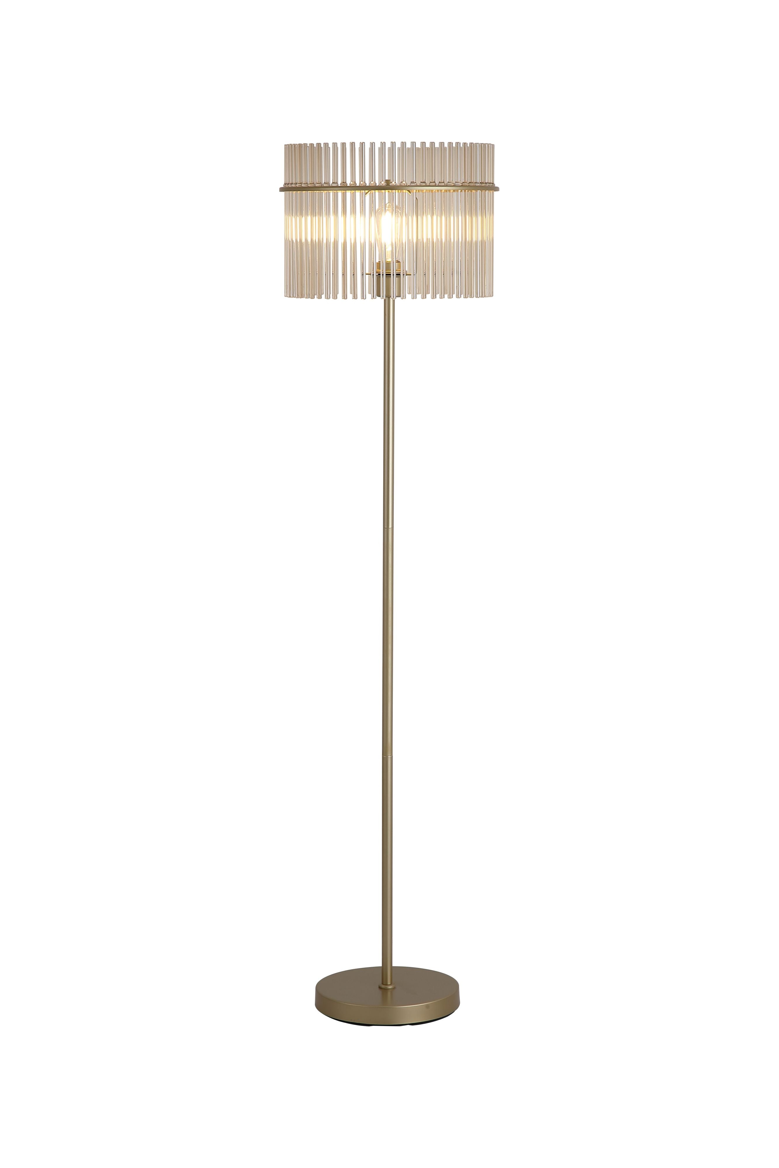 Searchlight Swizzle floor lamp in gold with champagne glass rod shade, full length studio shot on a white background, lit