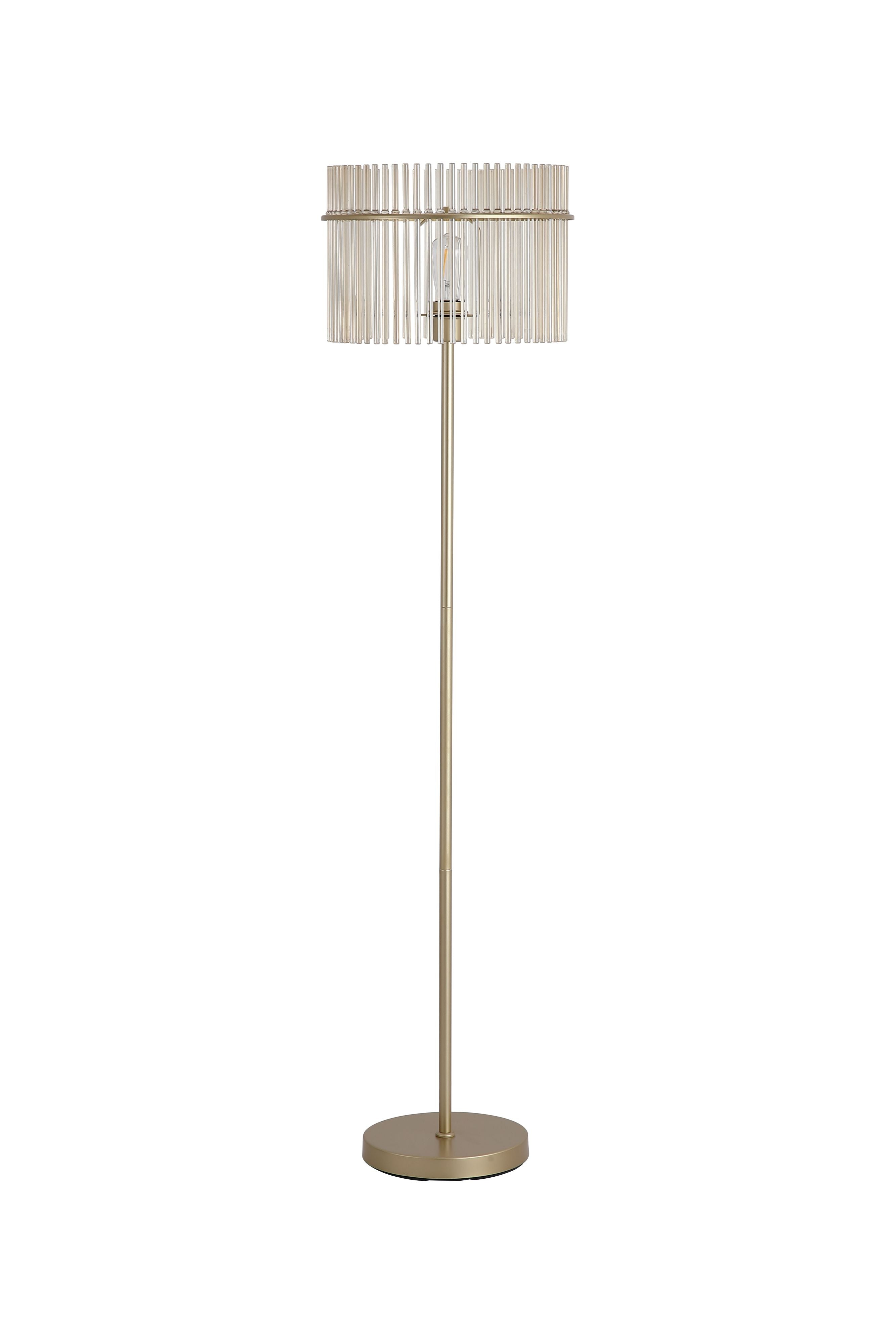 Searchlight Swizzle floor lamp in gold with champagne glass rod shade, front on studio shot showing the tall stem and round base