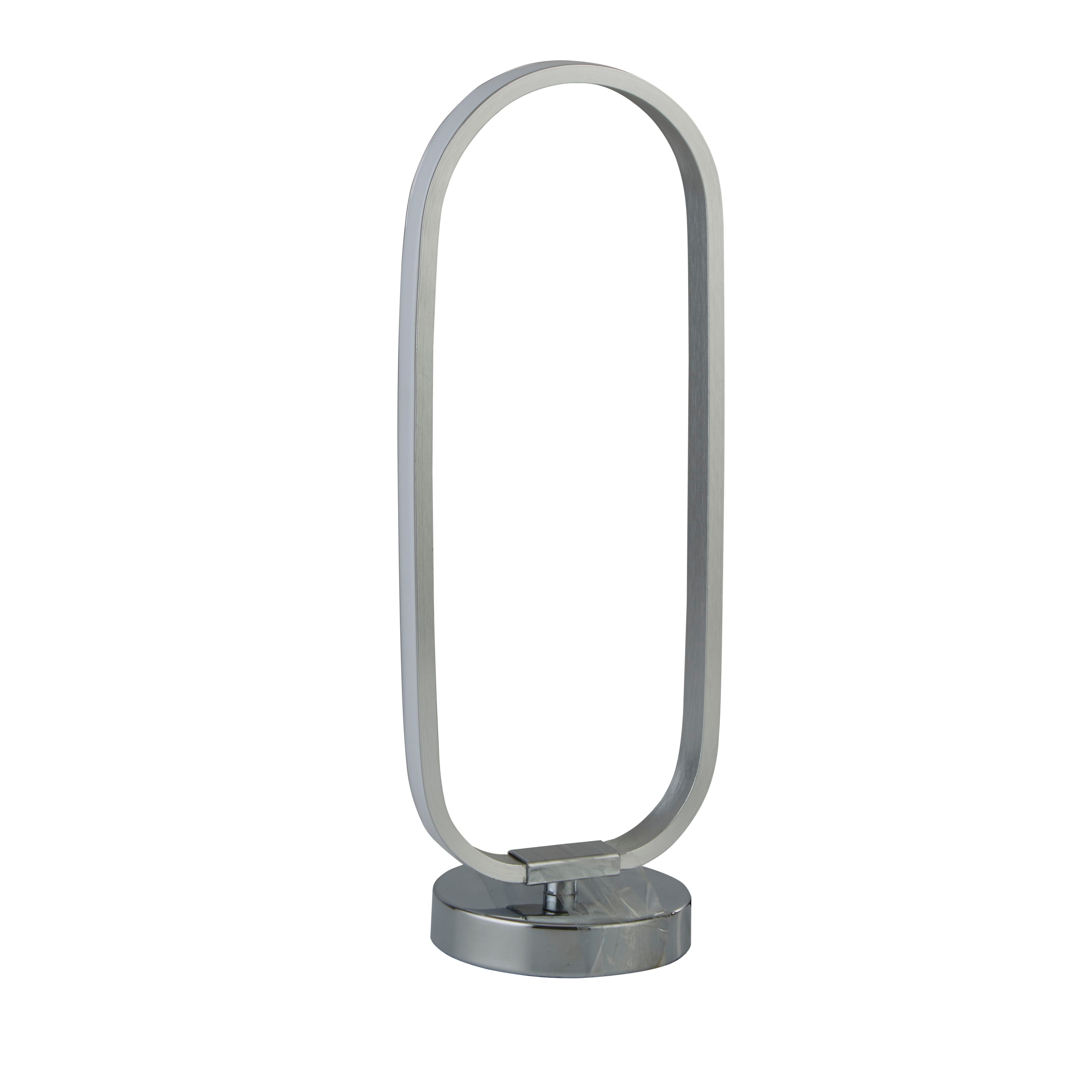 Searchlight Liner LED table lamp, side angle of the chrome and brushed aluminium ring lit warm white