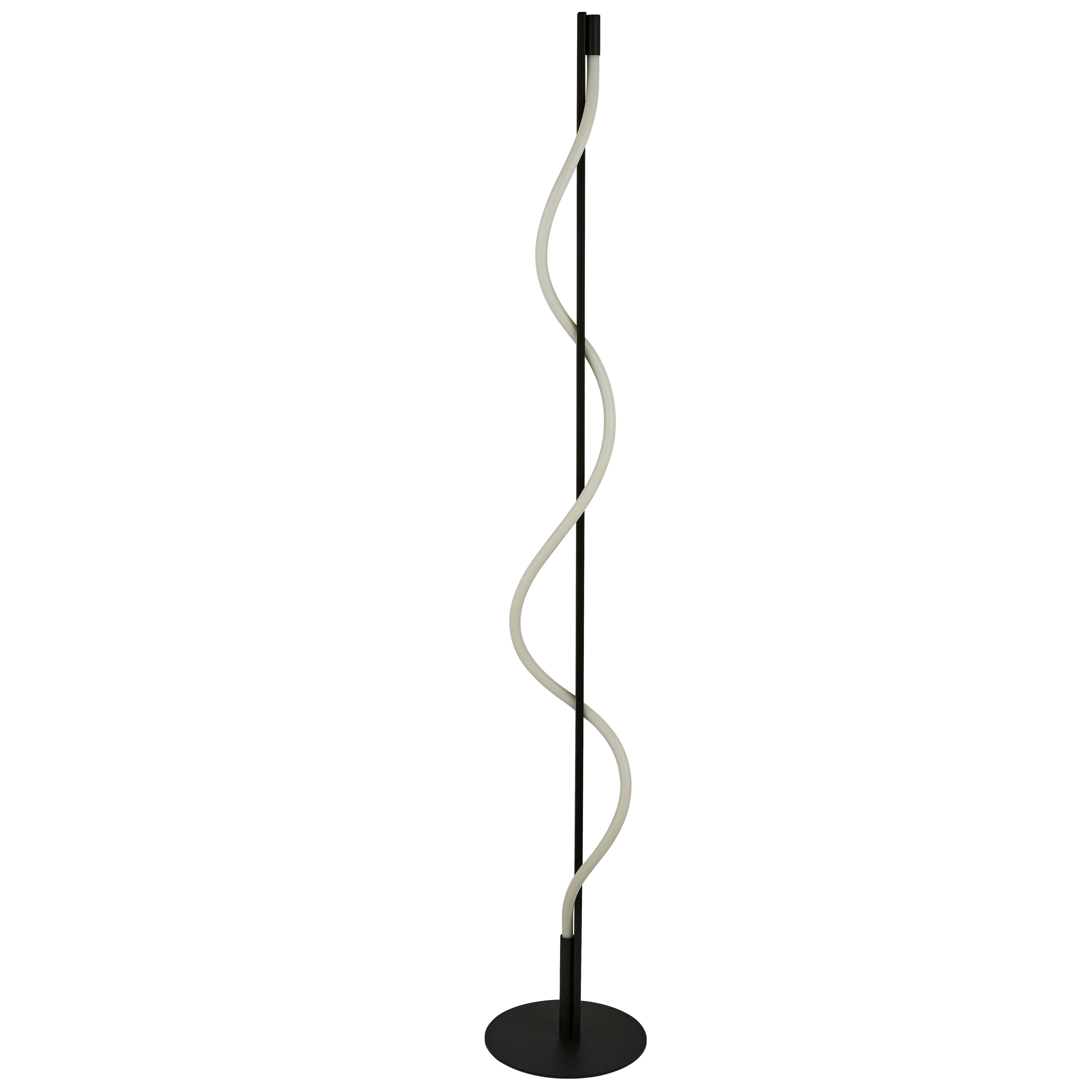 Searchlight Serpent table lamp, alternate angle showing the black rod and opal spiral tube glowing along its full height