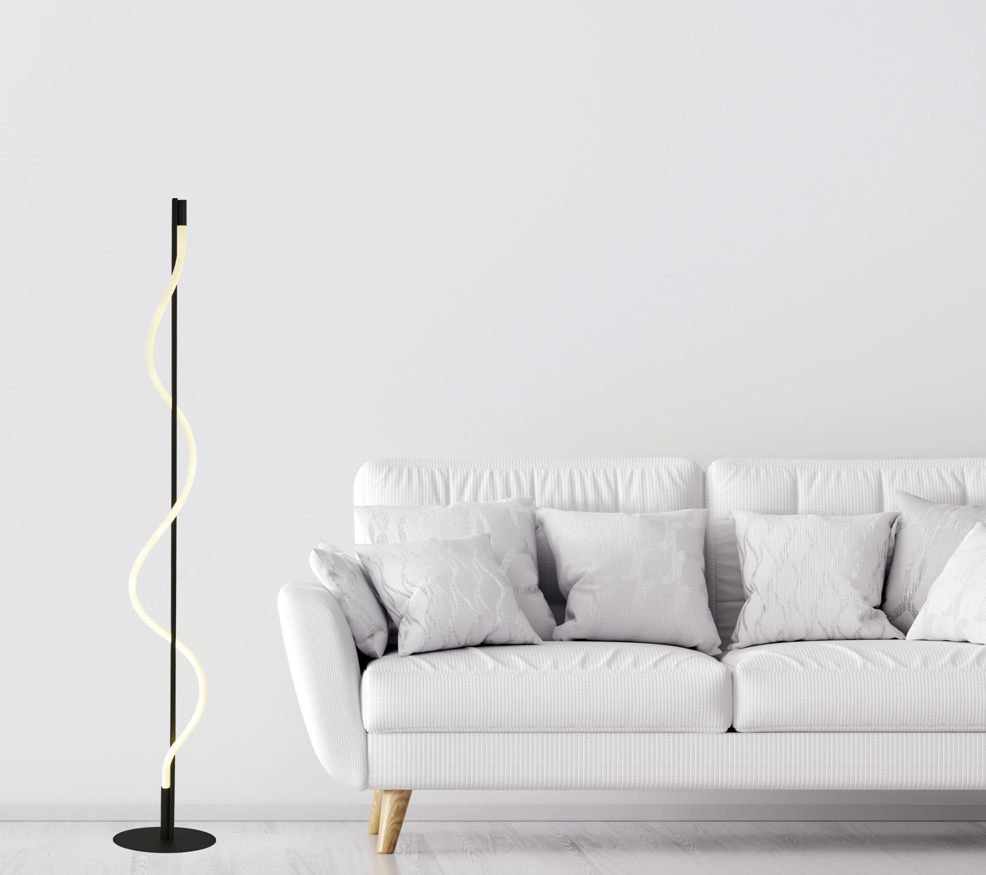 Searchlight Serpent floor lamp styled beside a light grey sofa with scatter cushions, on a white painted floor