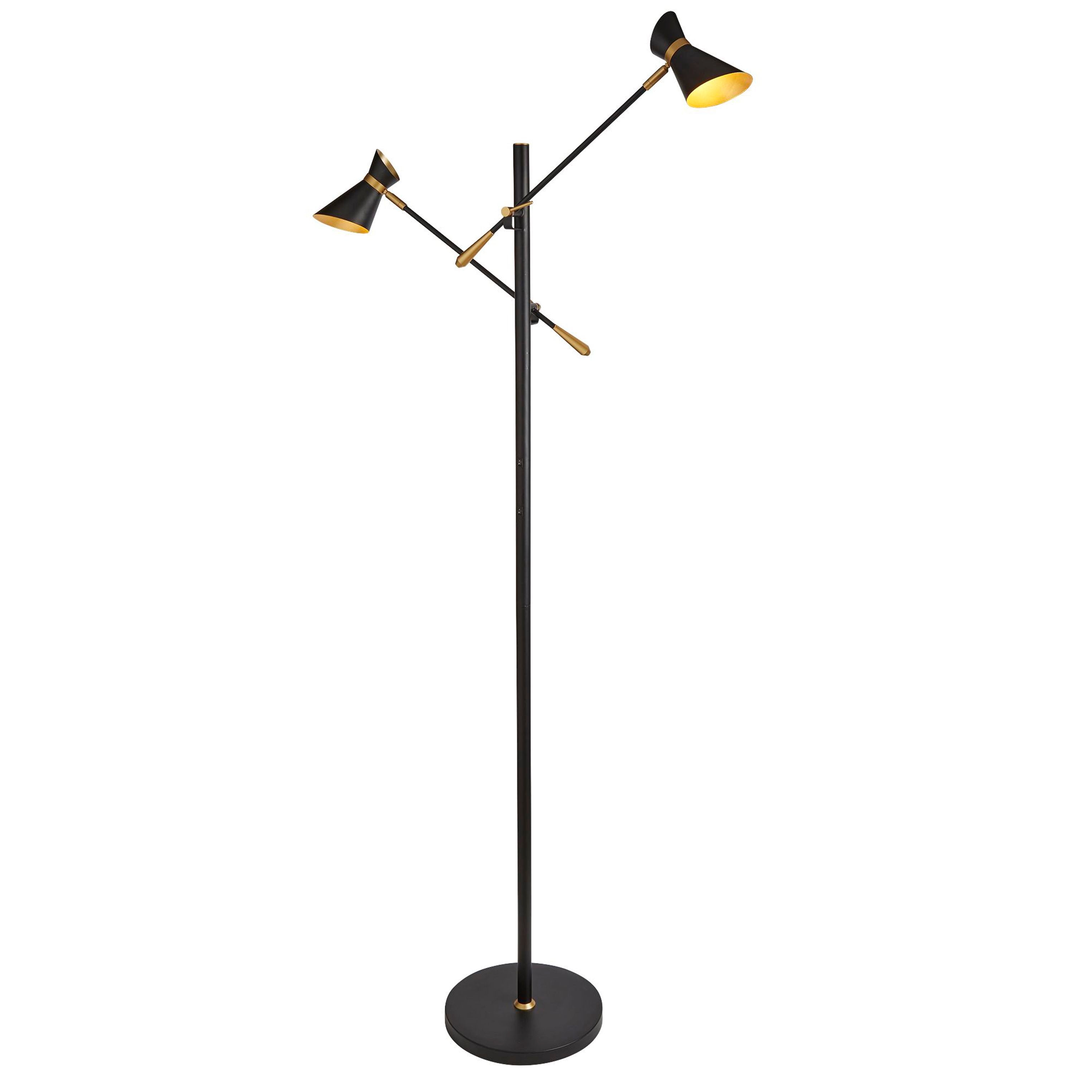 Searchlight Diablo 2 light floor lamp in black and gold, full length studio shot with both cone shades angled outward