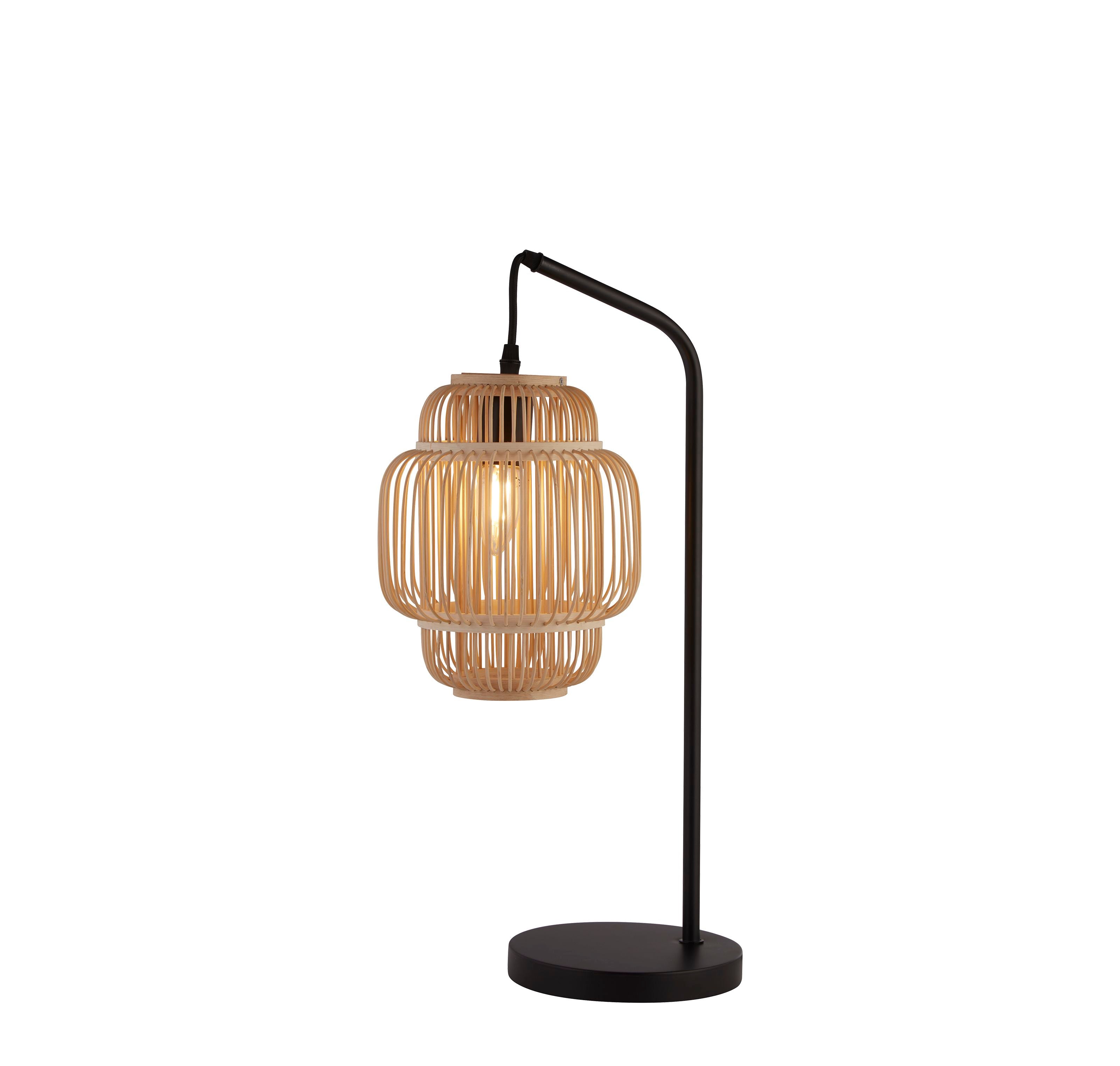 Searchlight Java table lamp with black steel frame and natural bamboo cage shade, bulb lit, on a white background