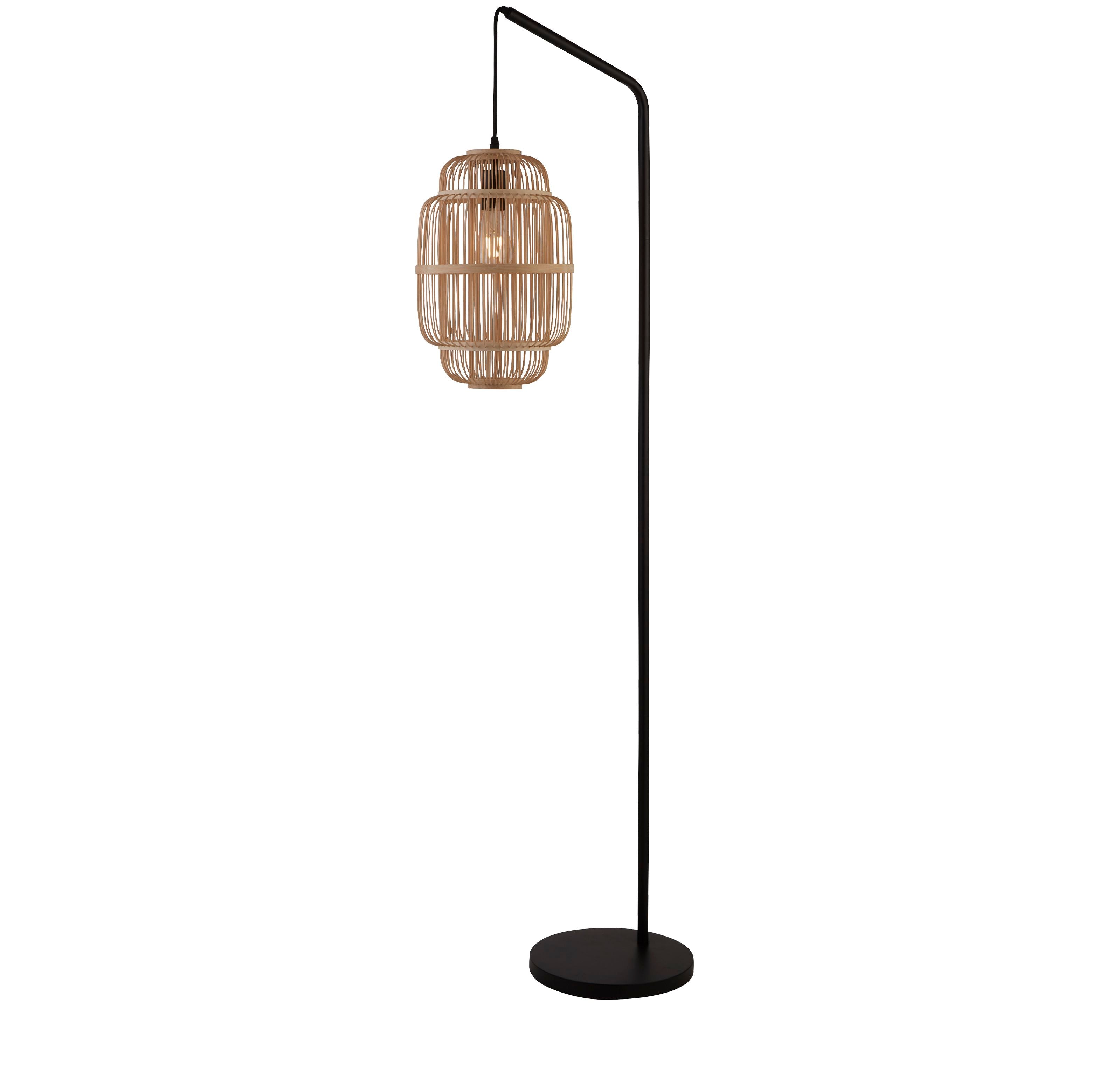 Searchlight Java floor lamp with black steel frame and natural bamboo cage shade, bulb lit, on a white background