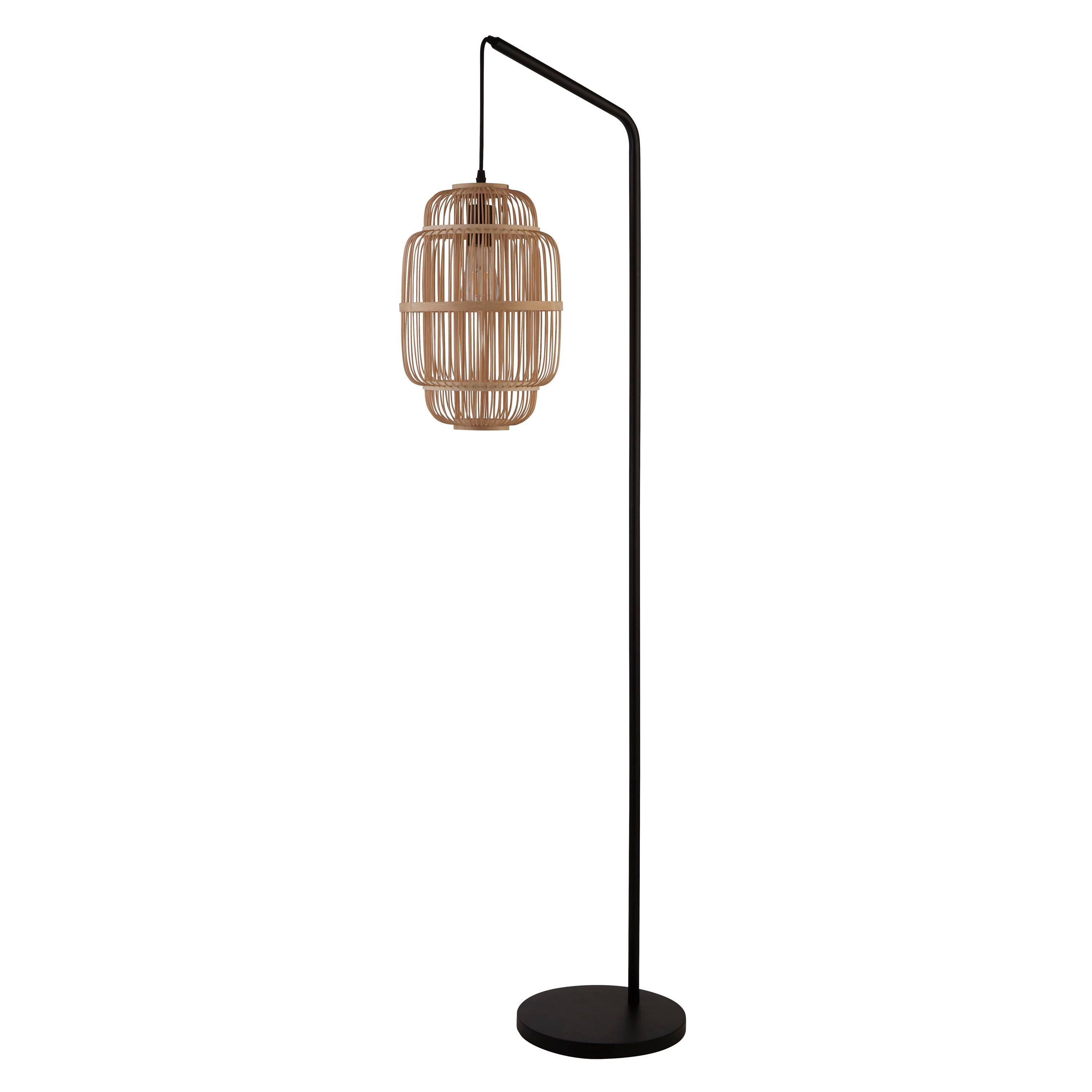 Searchlight Java floor lamp with black steel frame and natural bamboo cage shade, bulb lit, on a white background - view 2
