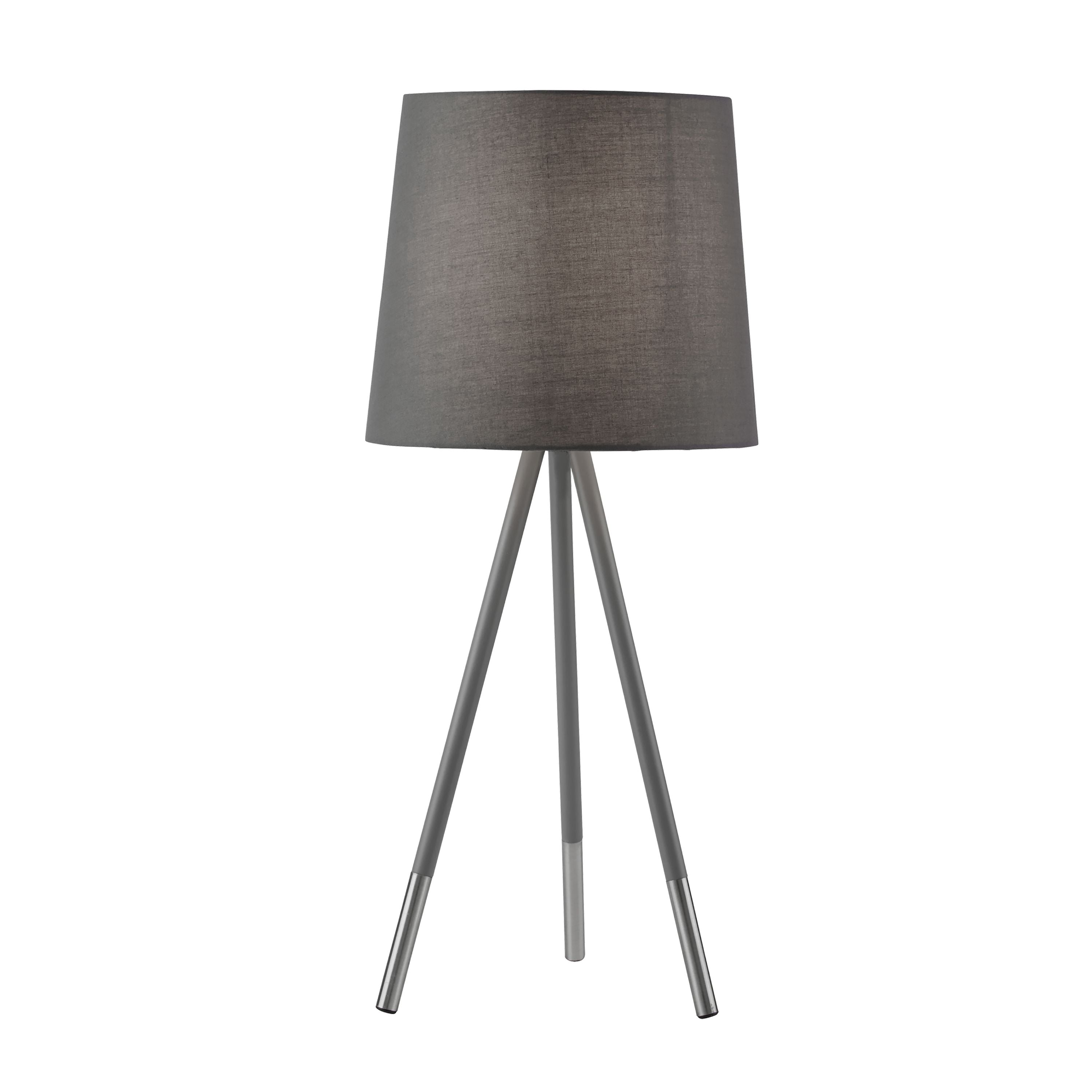 Rio table lamp, alternate studio angle on a white background showing the grey fabric shade and tripod legs