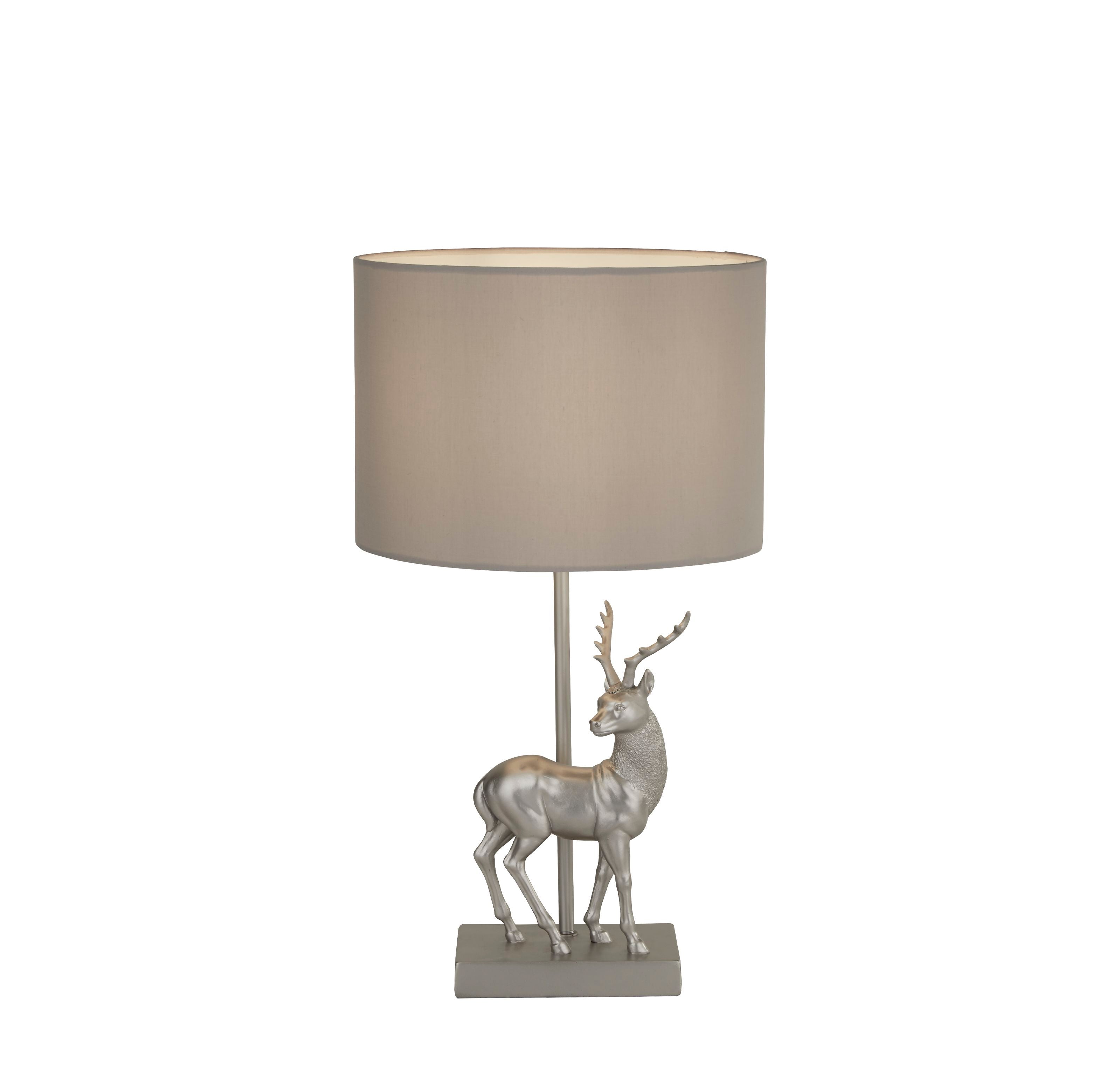 Searchlight Deer table lamp in silver resin with a grey fabric drum shade and white inner lining, front view on a white background