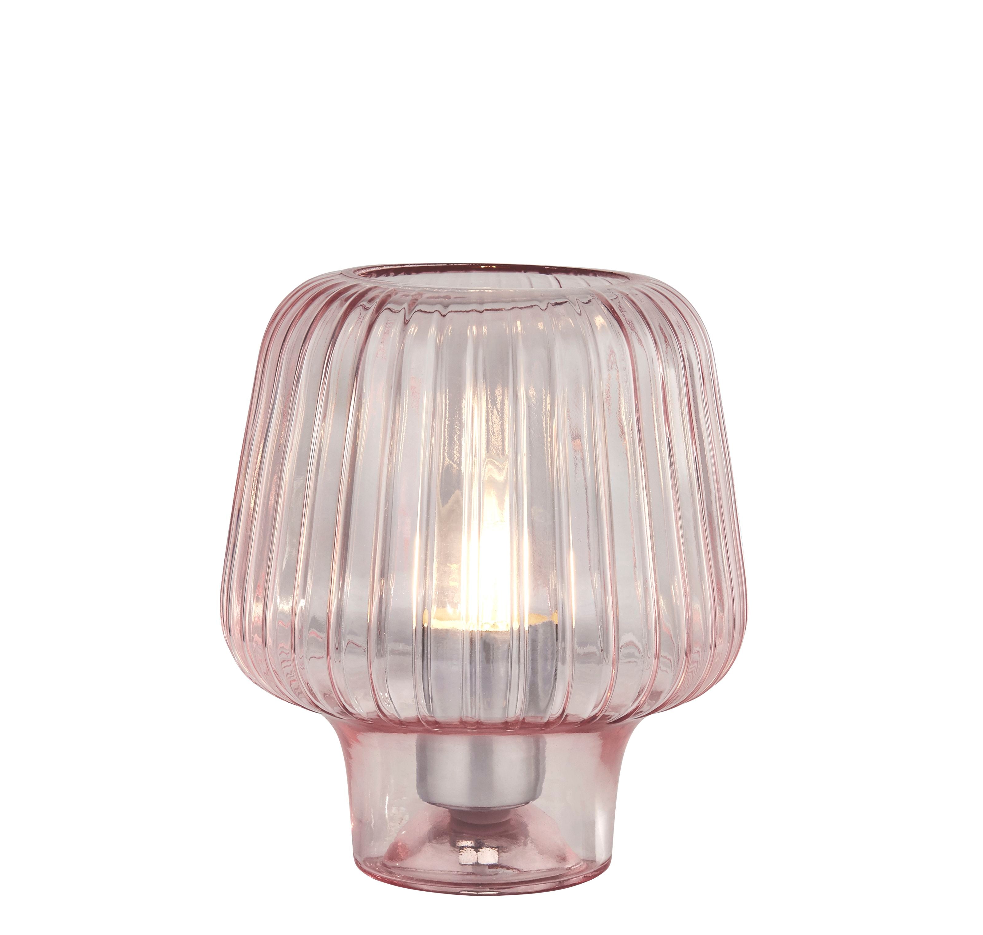 Searchlight Aria table lamp in pale pink ripple glass, lit, studio shot on a white background, front view