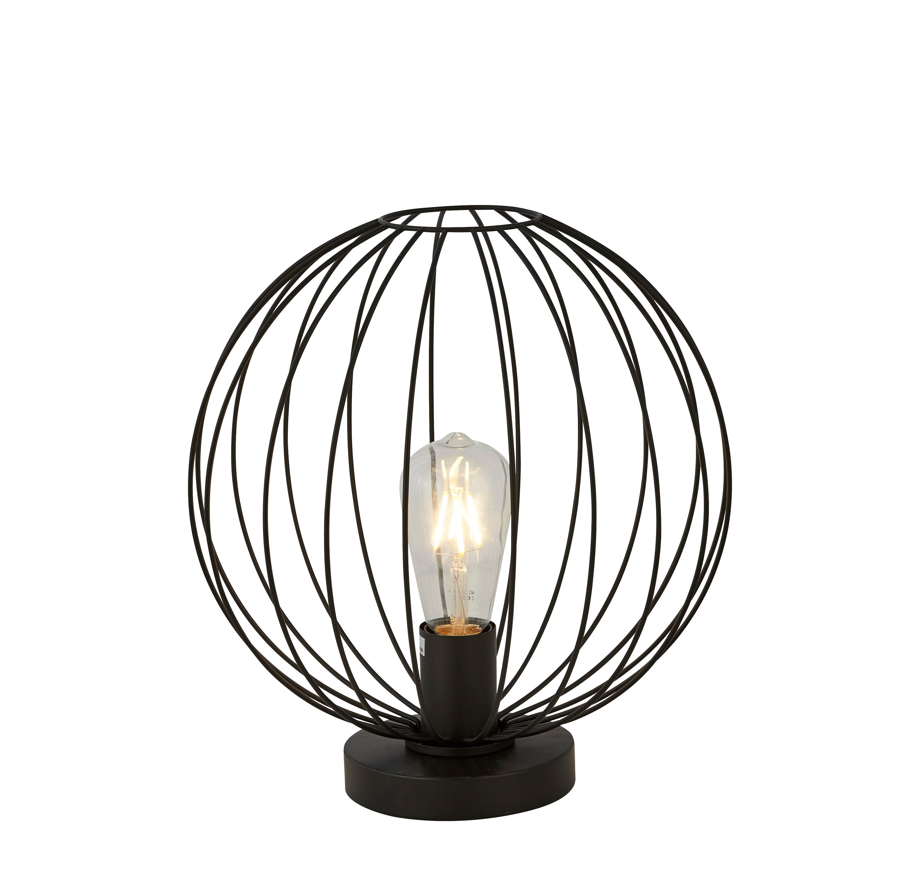 Searchlight Rondo table lamp, a spherical wire cage shade in matt black on a round black base, with a warm glowing filament style bulb visible inside, studio shot on white background
