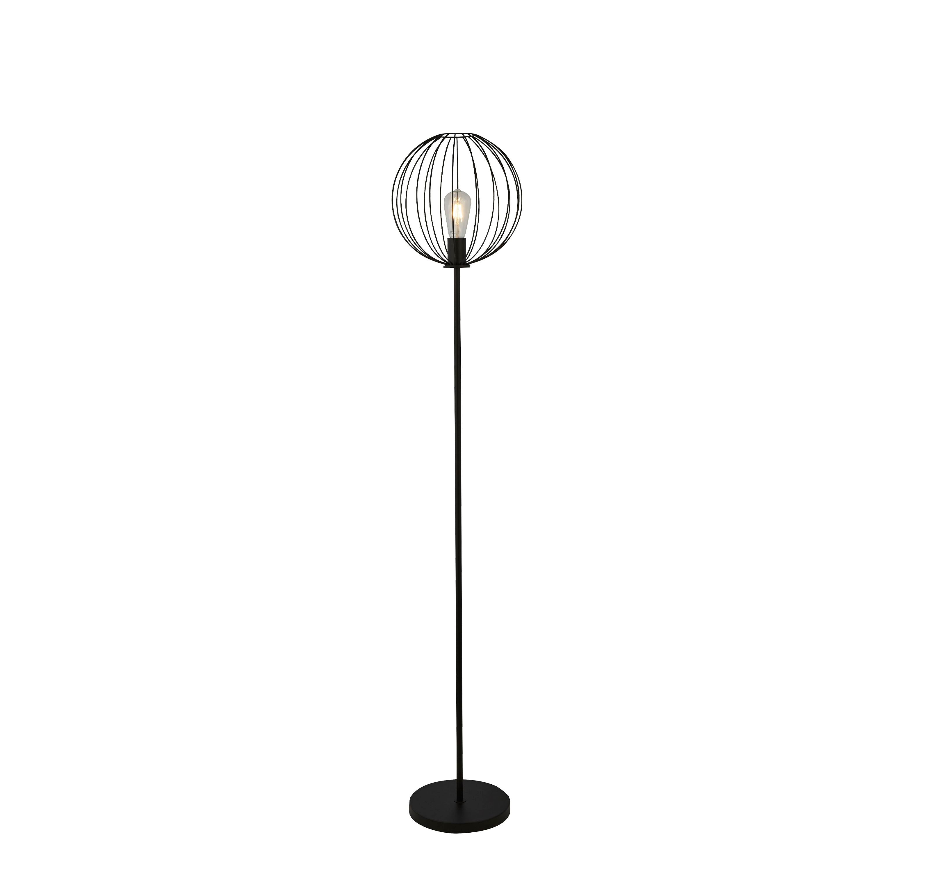 Searchlight Rondo floor lamp in black, studio shot on a white background showing the full height and spherical wire shade