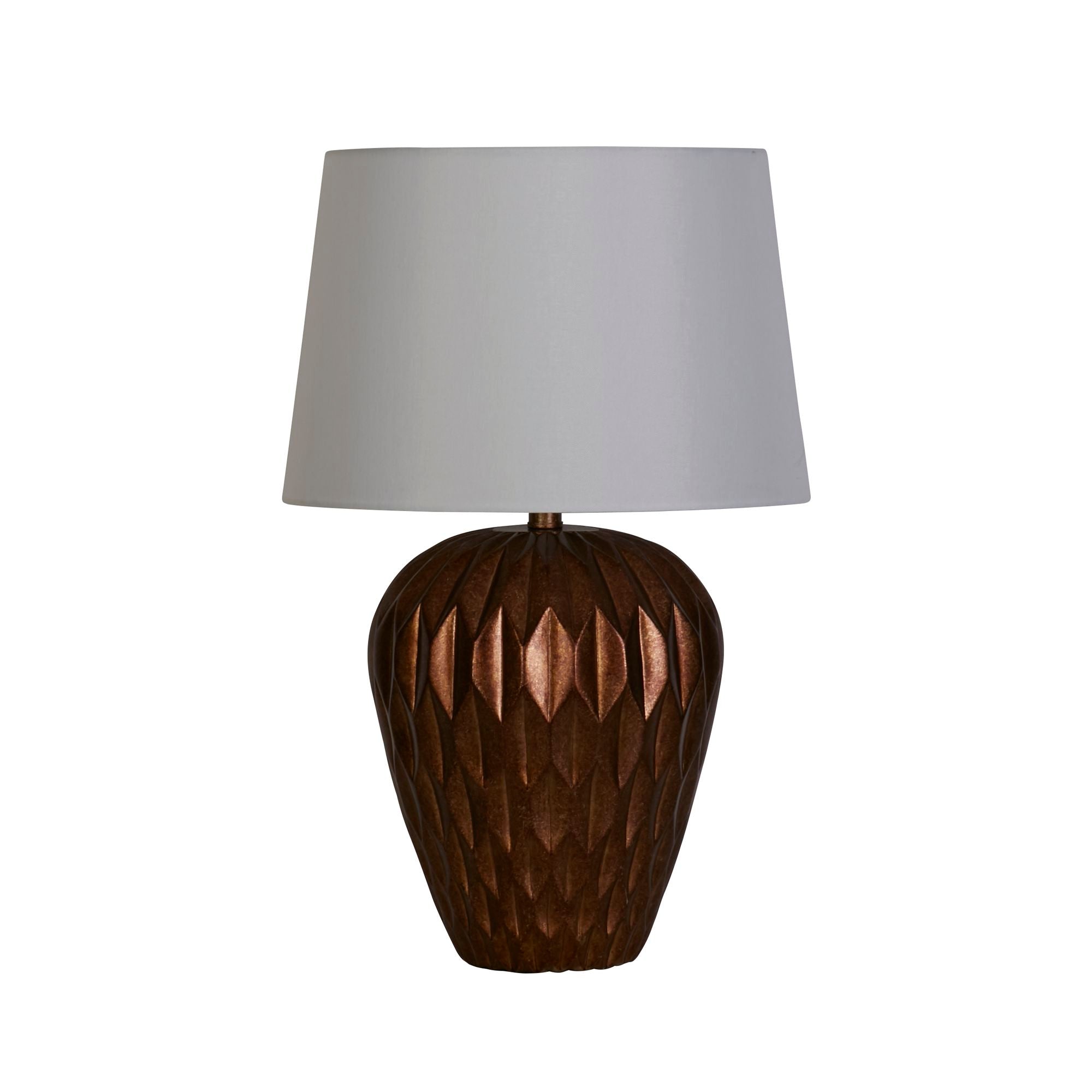 Searchlight Rosetta table lamp with bronze resin faceted base and white linen shade, straight on studio shot on a white background