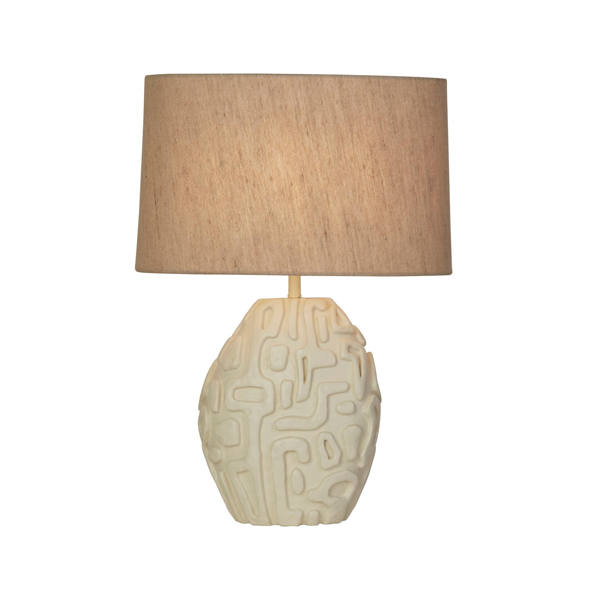 Searchlight Adelaide table lamp with a cream resin base carved in an abstract linear pattern, topped with an oatmeal linen drum shade, studio shot on a white background
