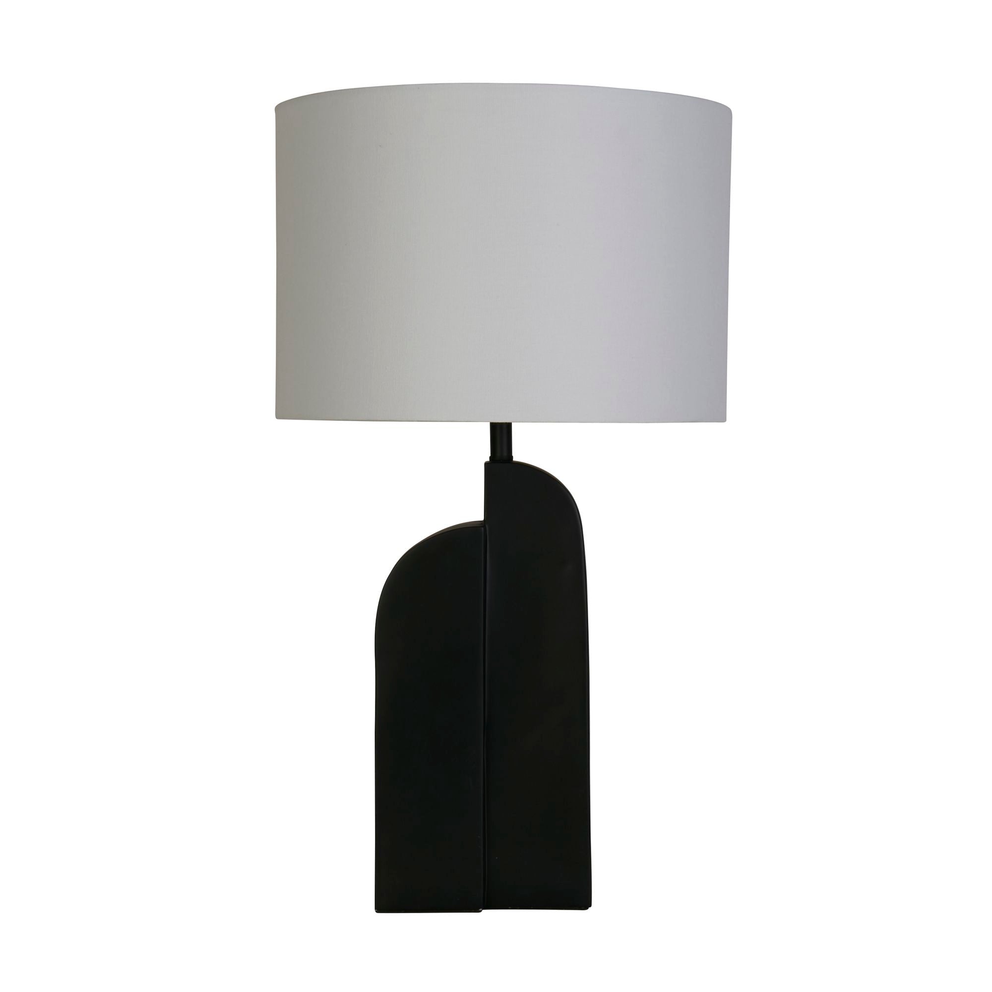 Searchlight Perth table lamp in matt black with a white linen drum shade, angled studio shot on a white background