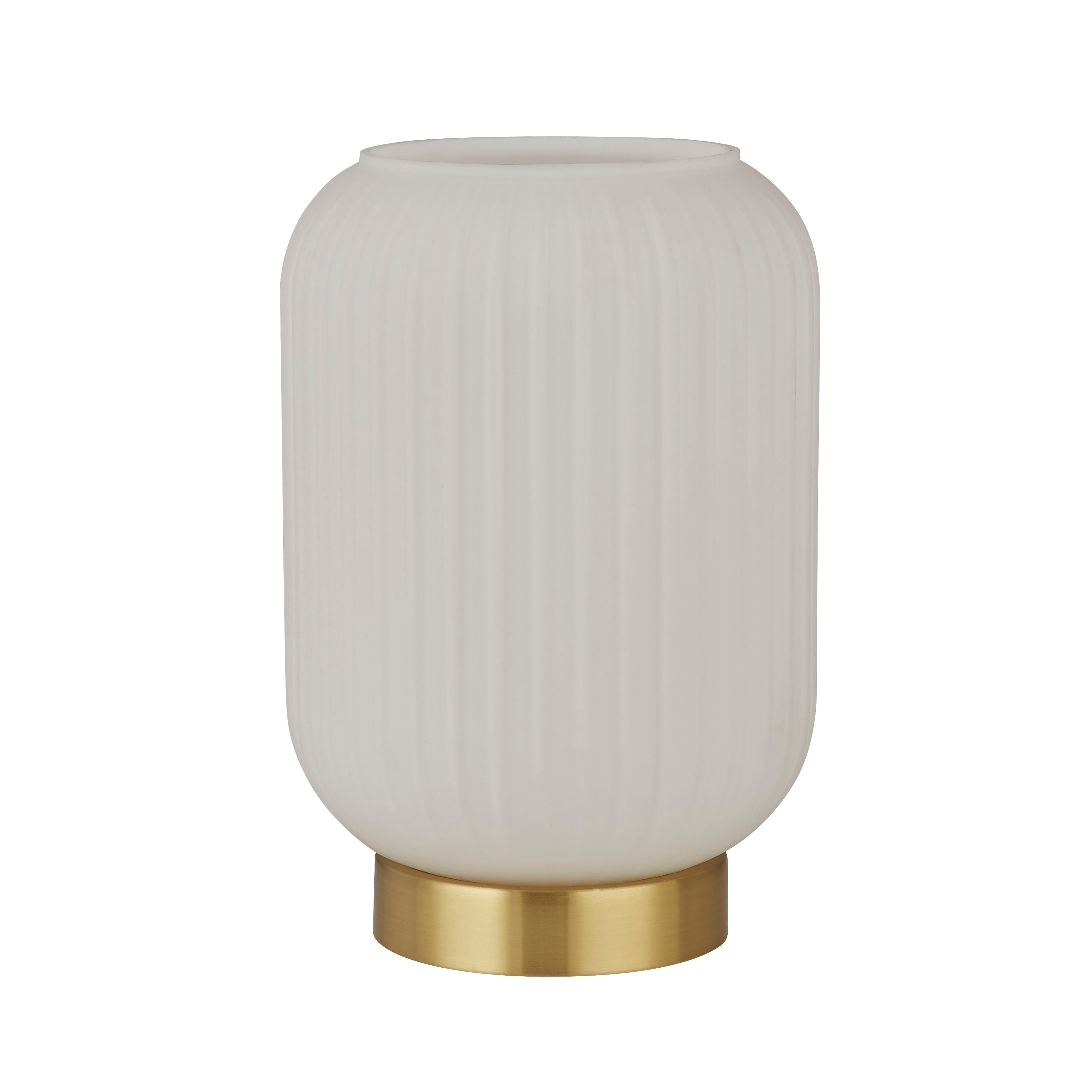 Searchlight Pearl table lamp with a frosted white ribbed glass shade on a satin brass base, second studio angle on a white background