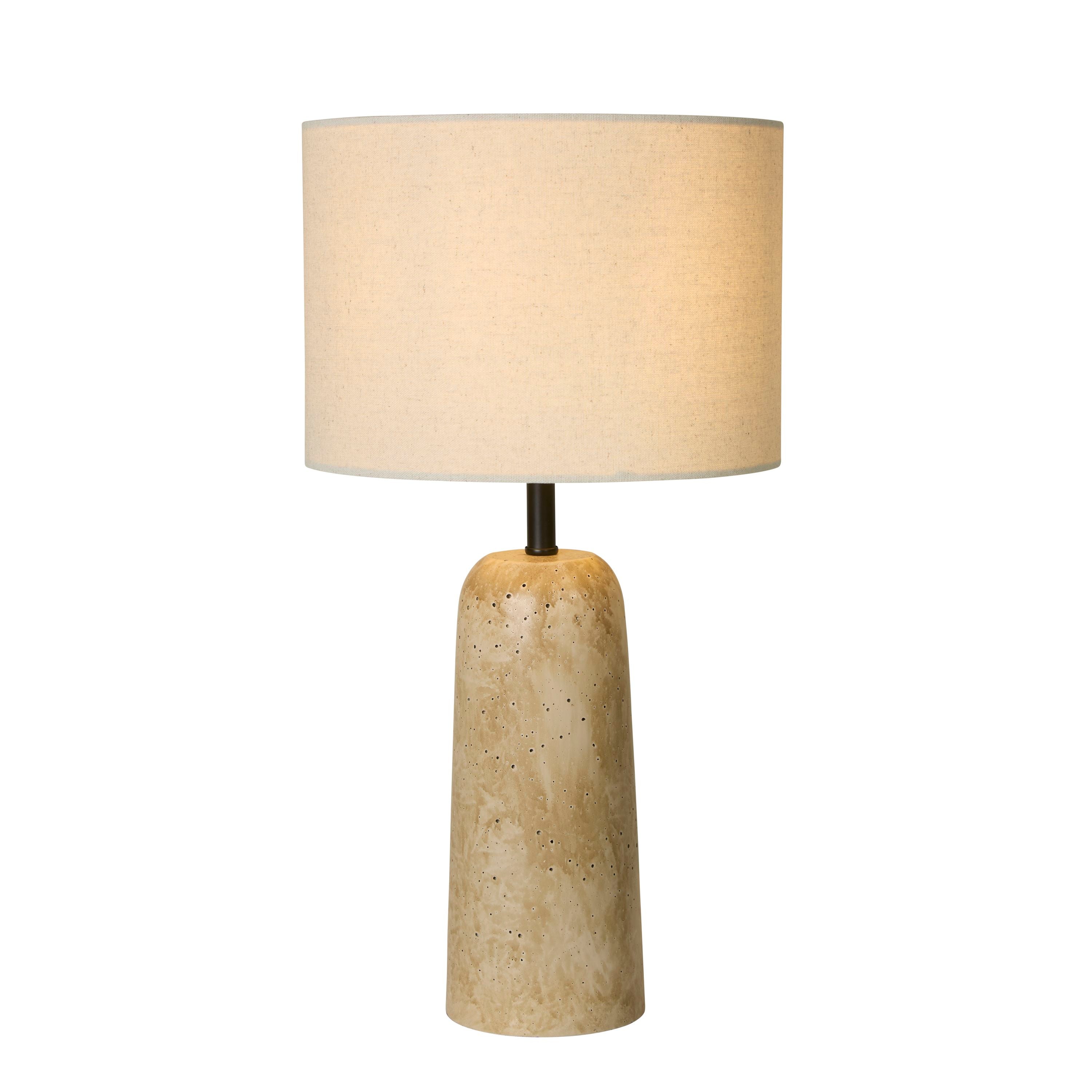Searchlight Agra table lamp with travertine effect glazed base and cream fabric drum shade, studio front view