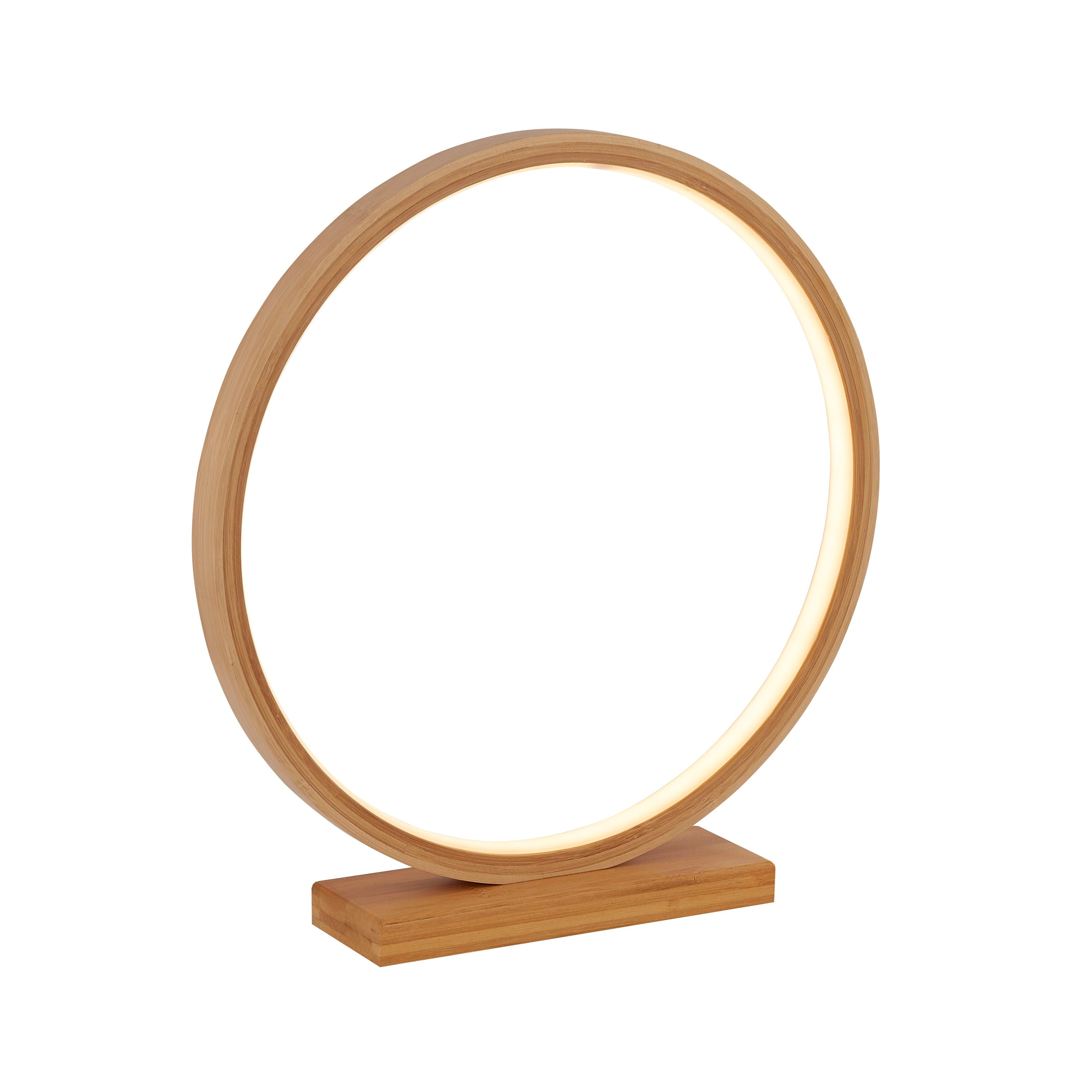 Searchlight Malibu LED table light, a lit circular bamboo ring on a rectangular bamboo base, three quarter view on a white background