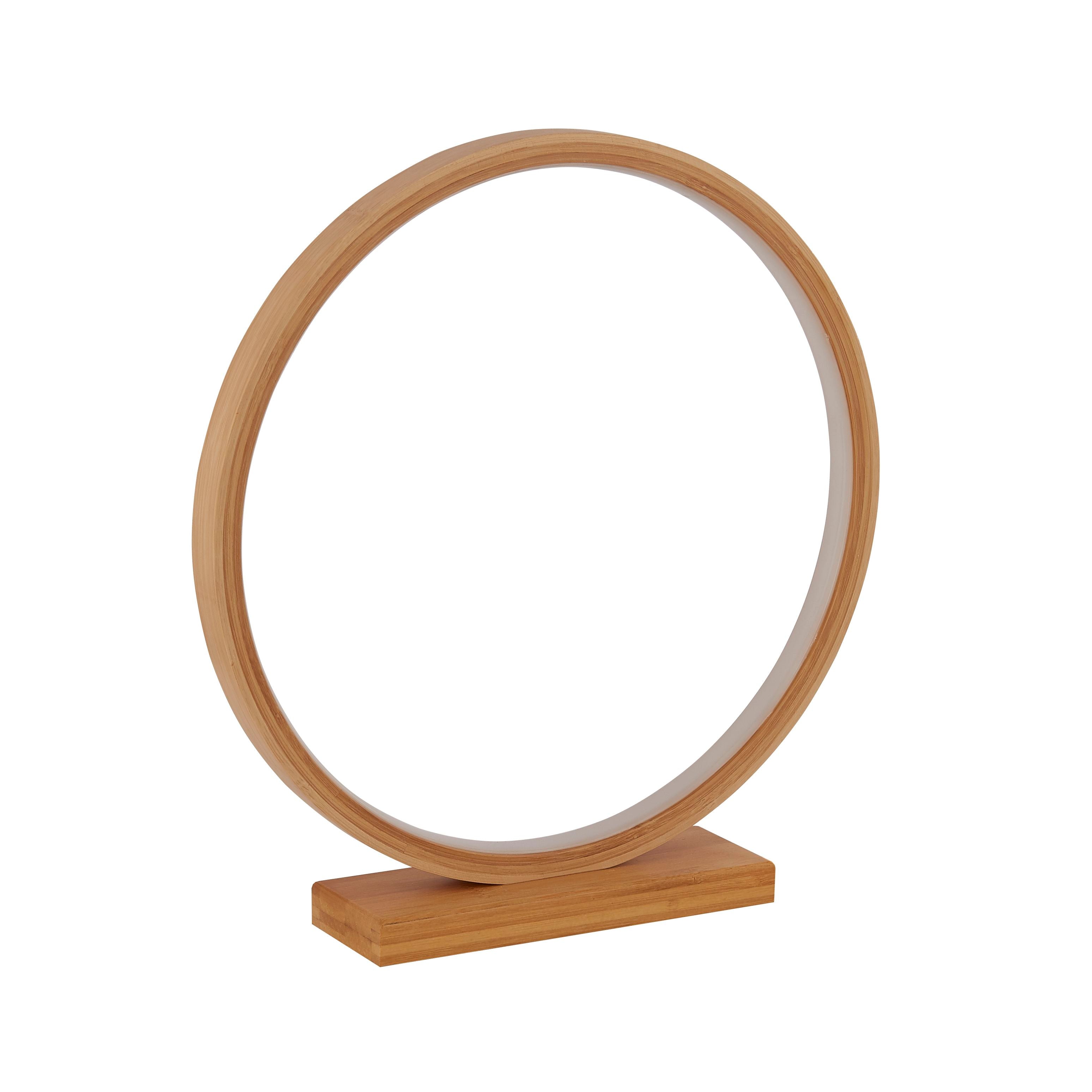 Searchlight Malibu LED table light, a lit circular bamboo ring on a rectangular bamboo base, three quarter view on a white background - view 2
