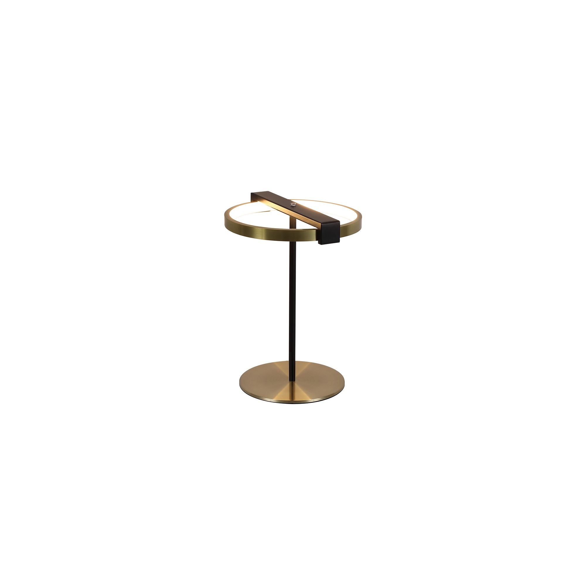 Searchlight Aerial LED Table Lamp in gold and black, studio shot showing the ring lit warm white on its black stem and round brass base
