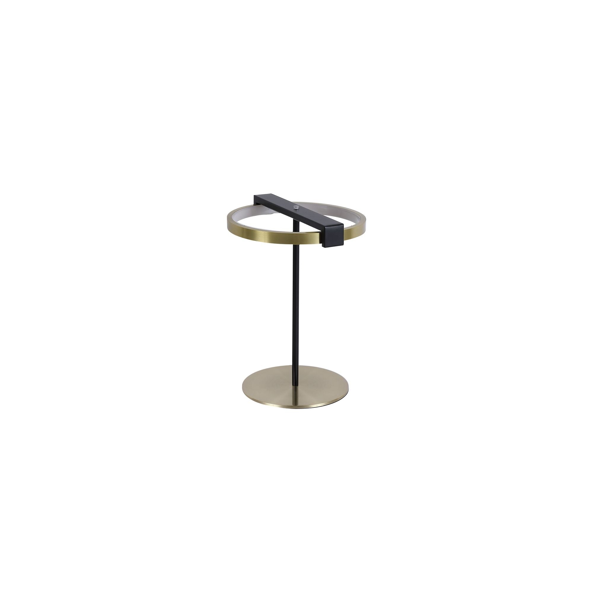 Searchlight Aerial LED Table Lamp in gold and black, studio shot from a slightly different angle with the ring lit warm white