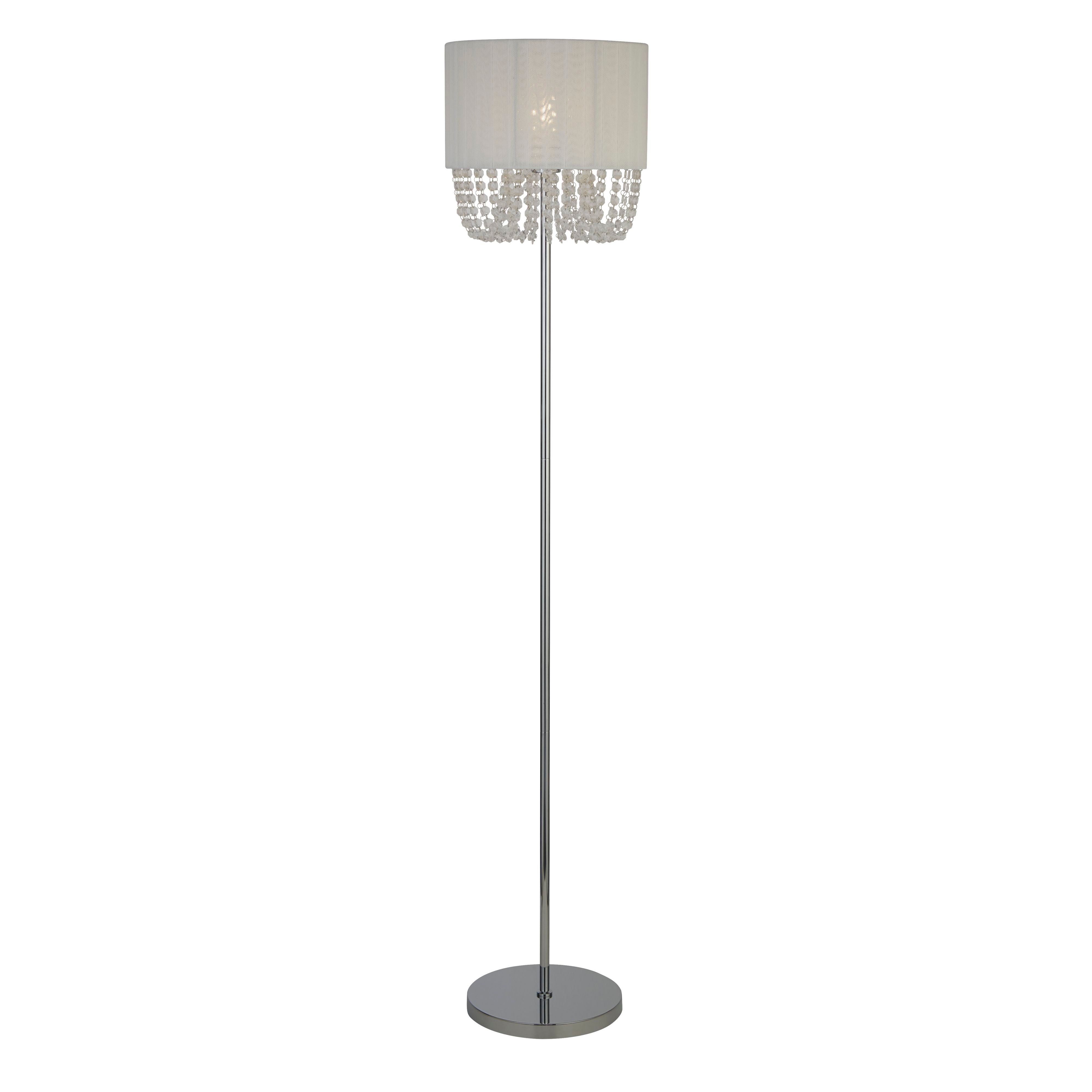 Searchlight Bellano floor lamp in chrome with a white shade and clear acrylic bead fringe, front view on a plain white background