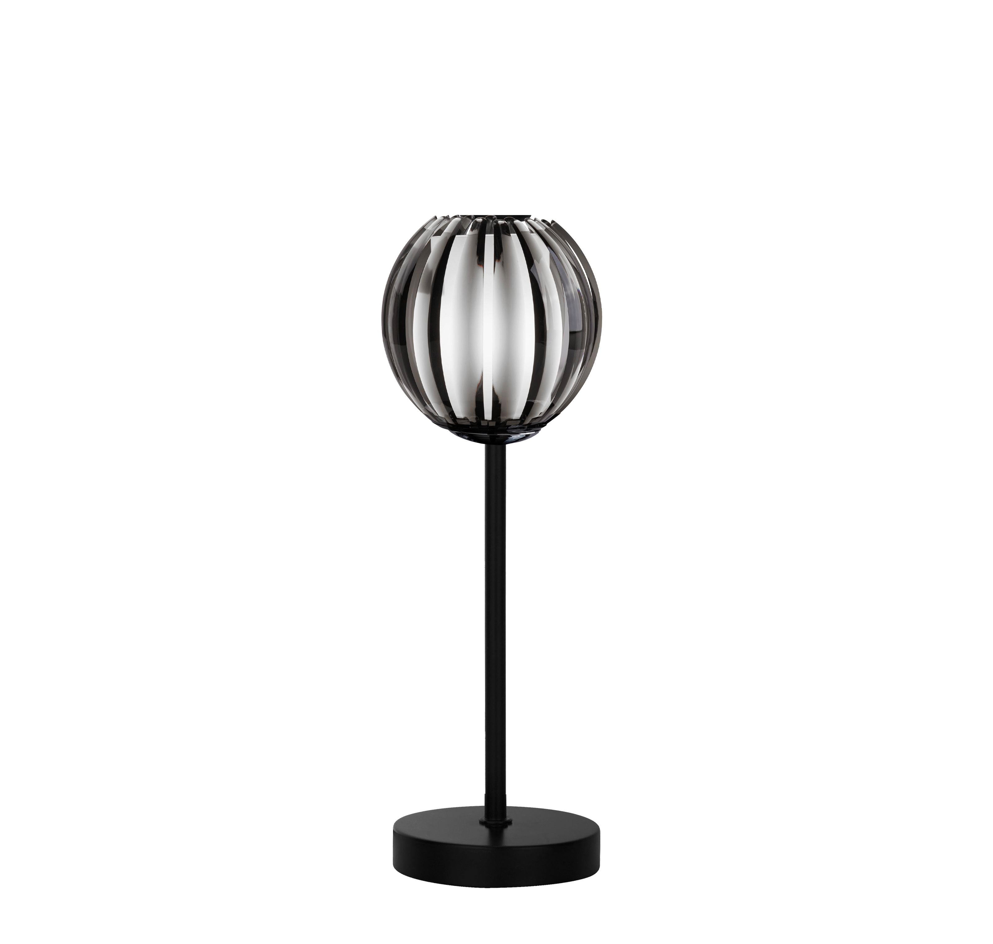 Searchlight Blossom table lamp with black metal stem and smoked acrylic globe shade, front view on a white background