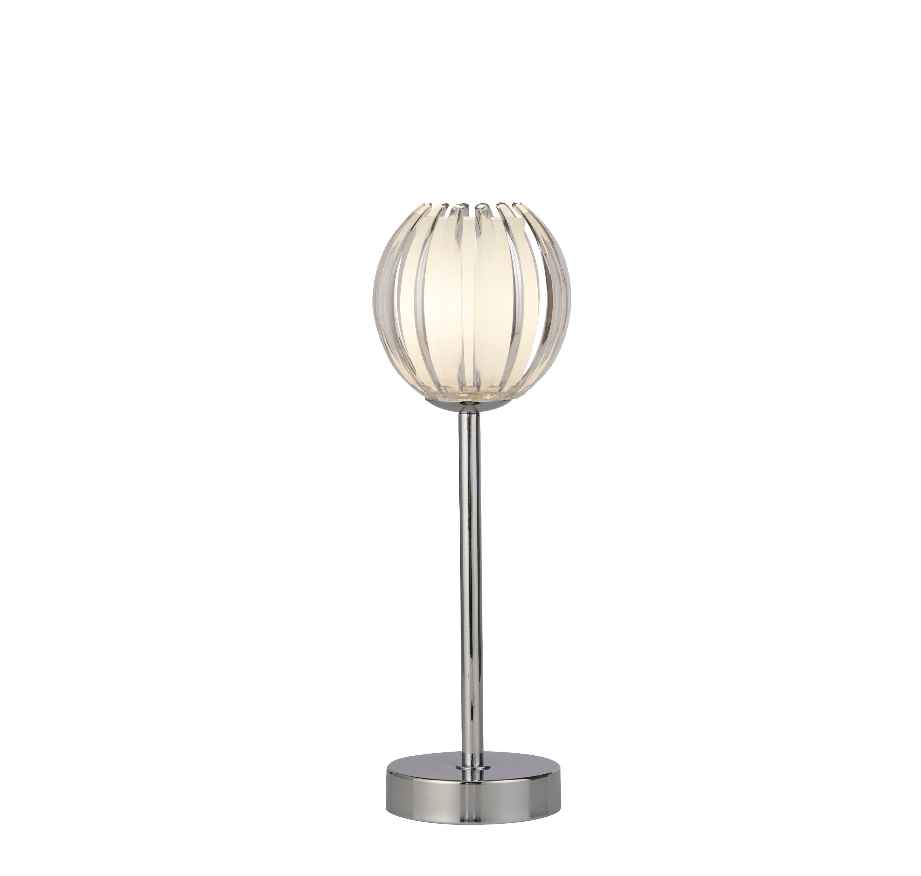 Searchlight Blossom table lamp in chrome with a clear acrylic petal shade, front view on a white background