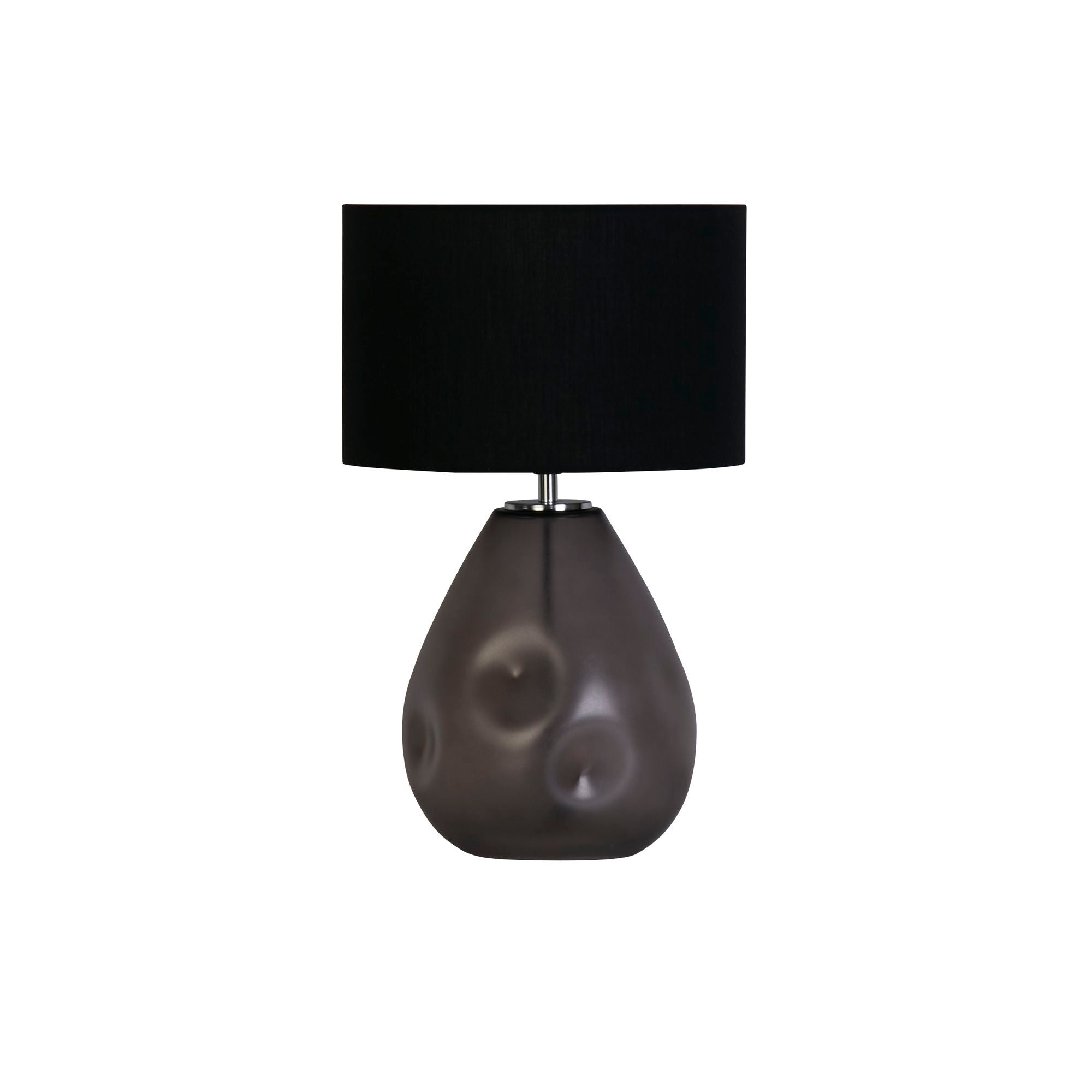 Searchlight Devon table lamp in black shown from a slightly different angle, frosted smoky grey dimpled glass base with a black linen drum shade