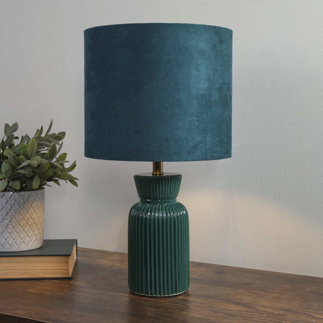 Tia emerald table lamp styled on a wooden table beside a potted succulent in a white planter and a stack of books