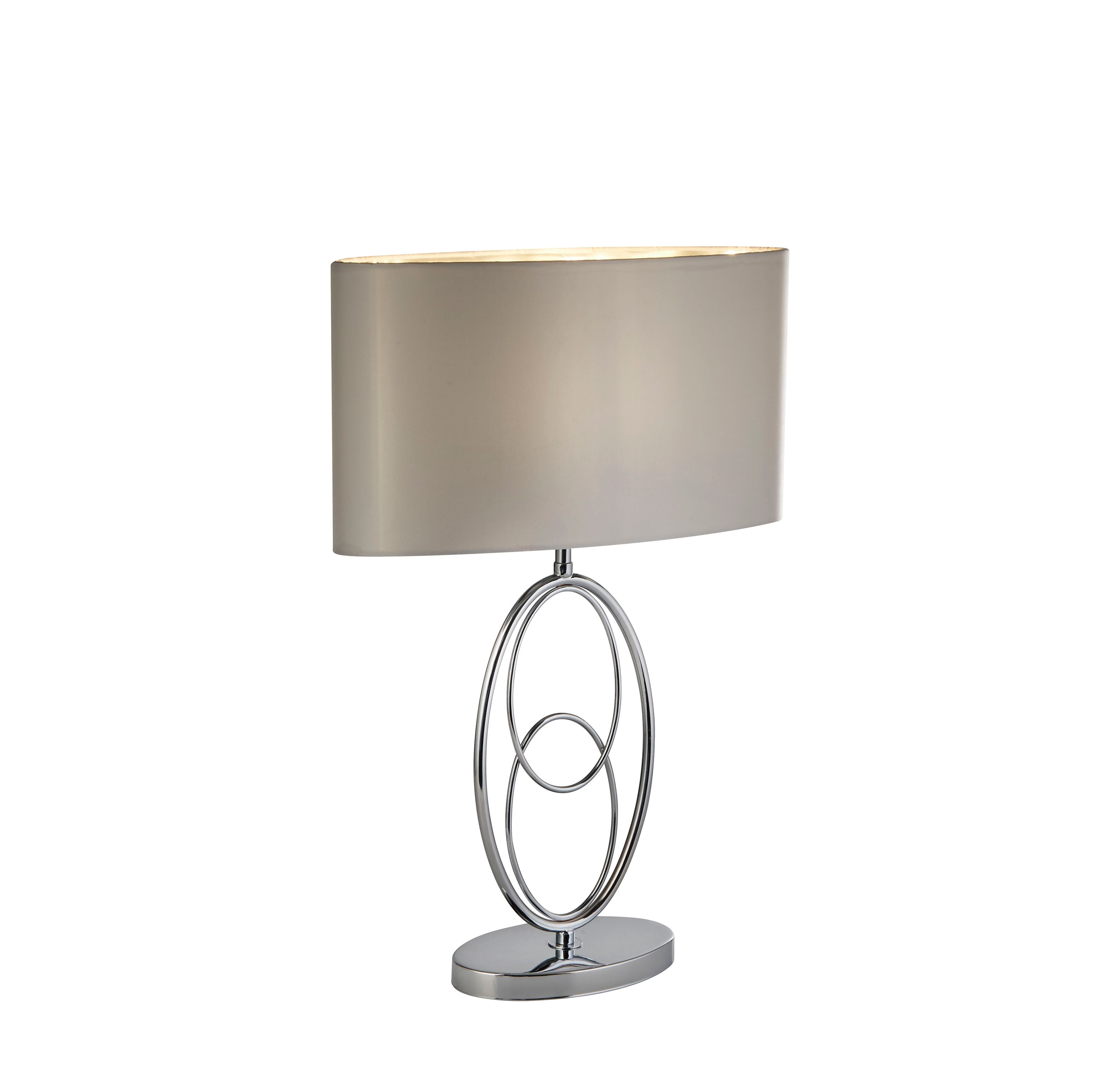 Searchlight Loopy table lamp with chrome interlocking oval base and pale grey oval faux silk shade, angled studio shot on a white background