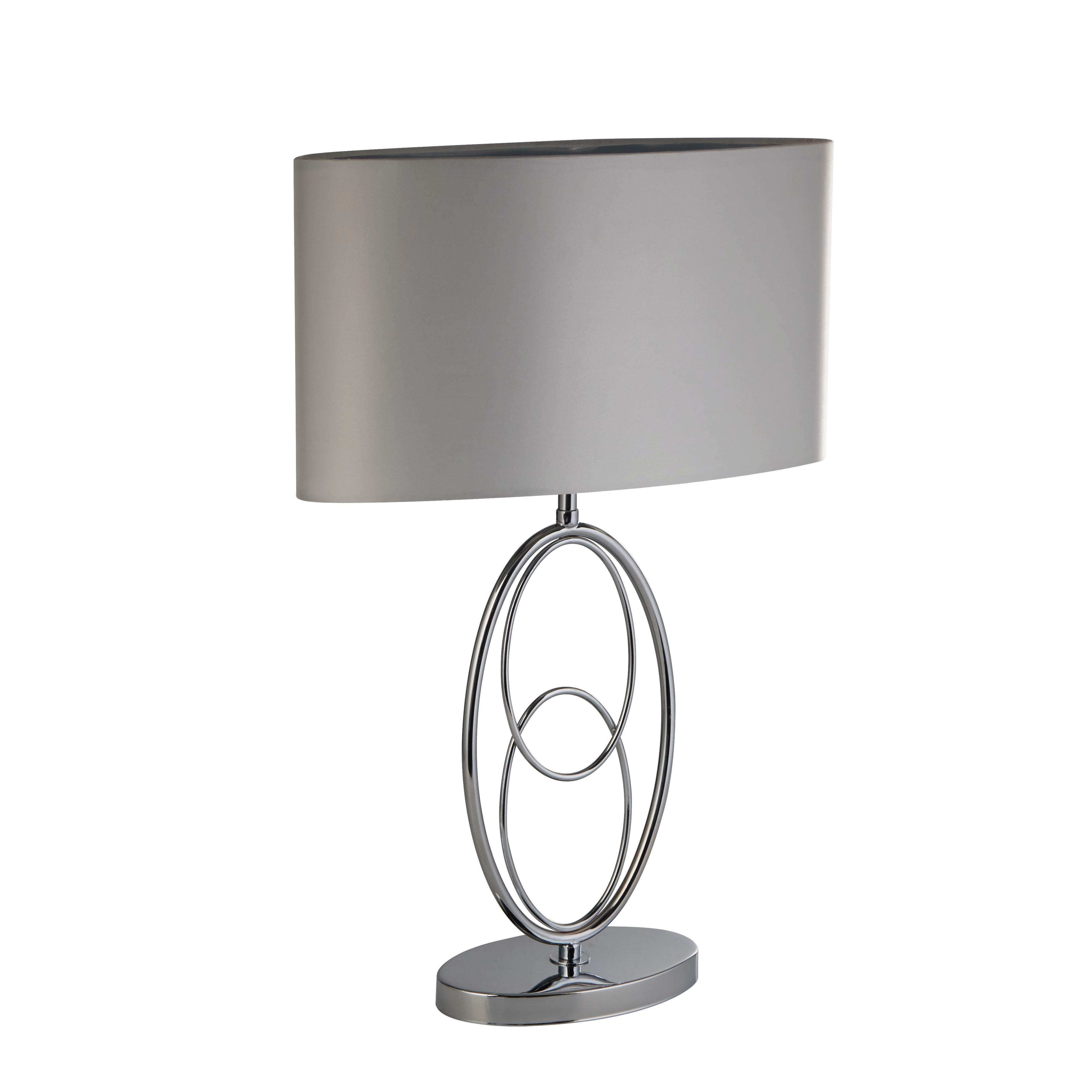 Searchlight Loopy table lamp with chrome interlocking oval base and pale grey oval faux silk shade, straight on studio shot on a white background