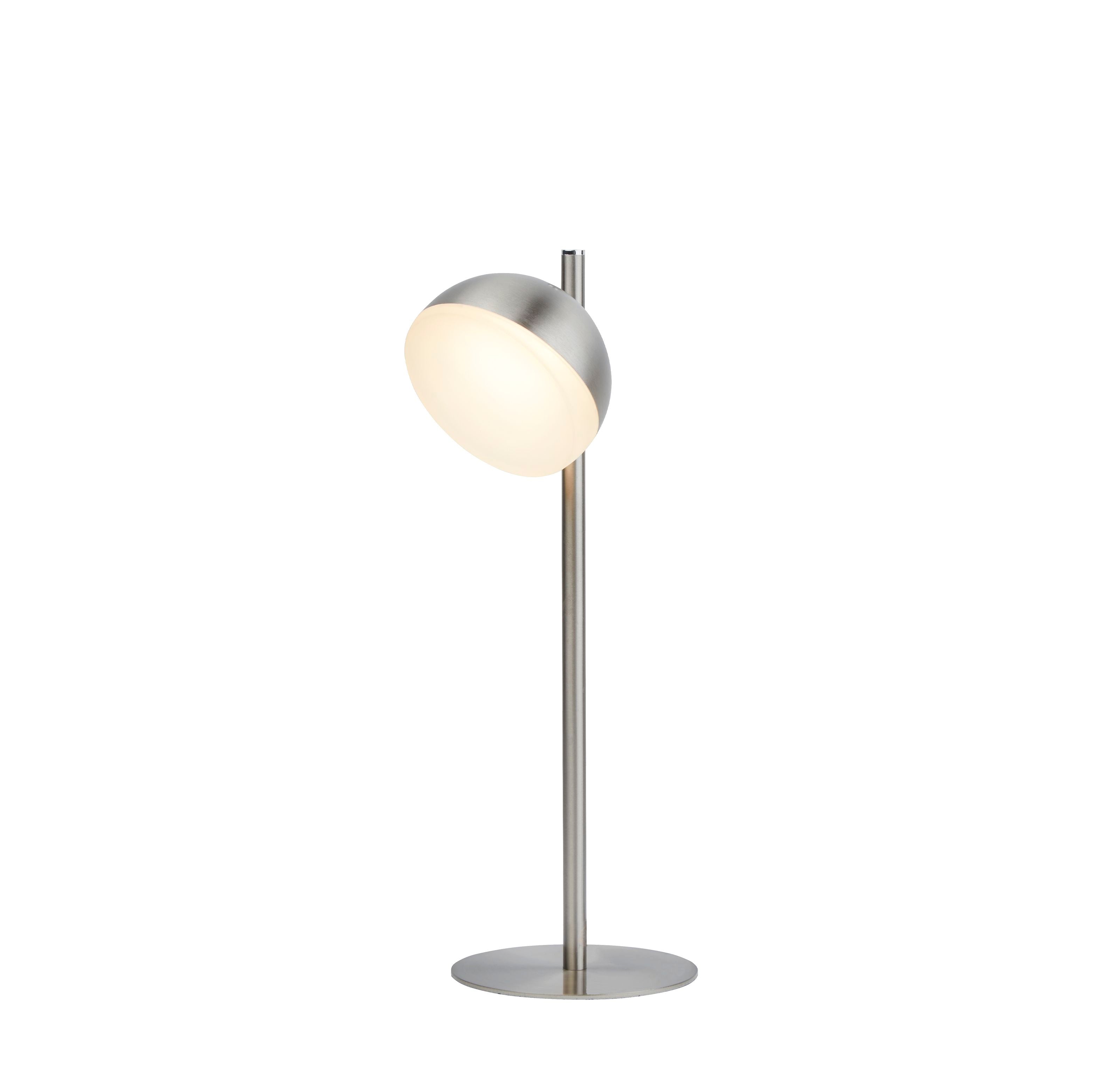 Searchlight Tully table lamp in satin silver, angled dome head lit, on a white background