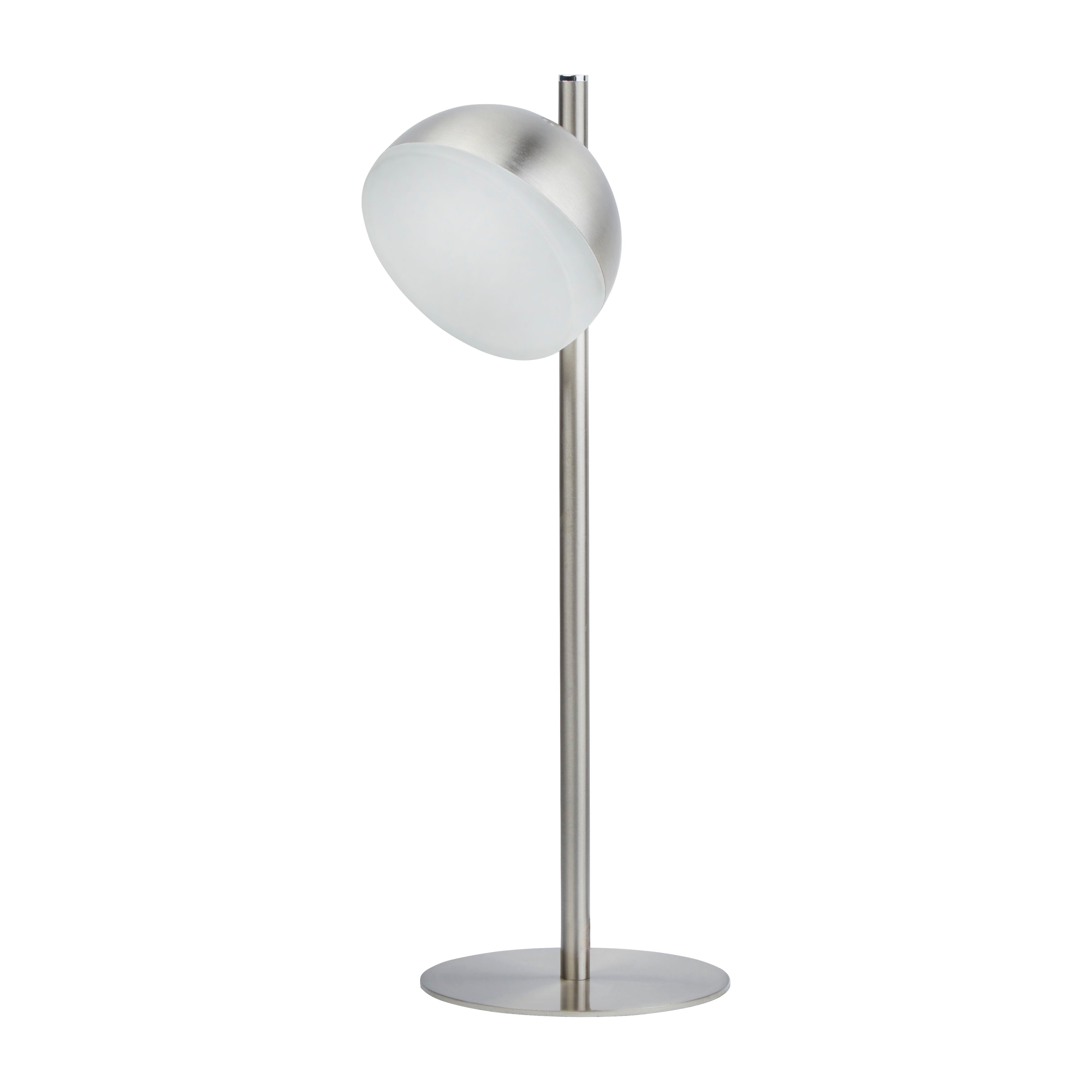 Searchlight Tully table lamp in satin silver, front view of the tilted dome head with frosted shade lit