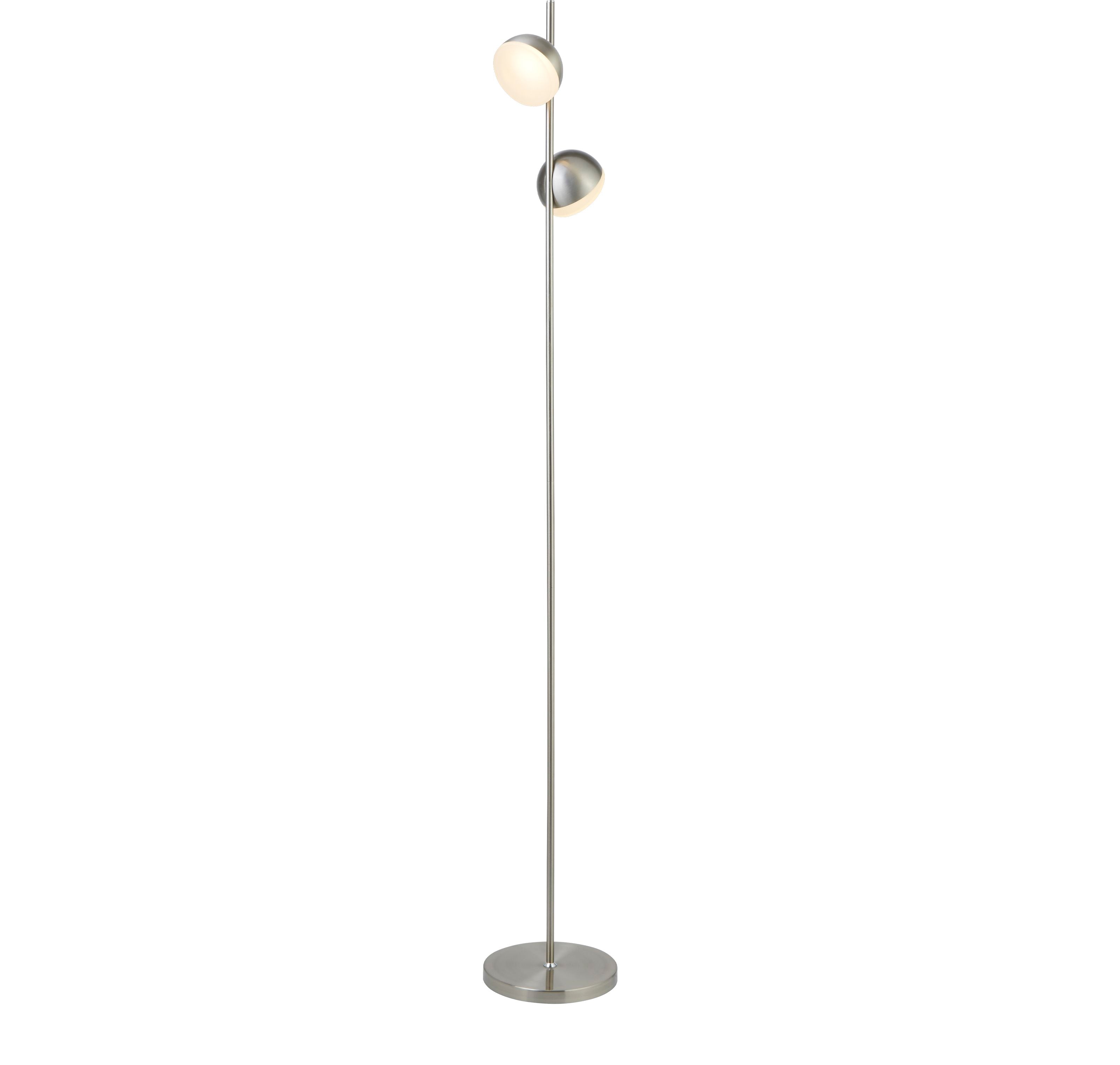 Searchlight Tully floor lamp in satin silver, both dome heads lit on a tall slim stem, on a white background