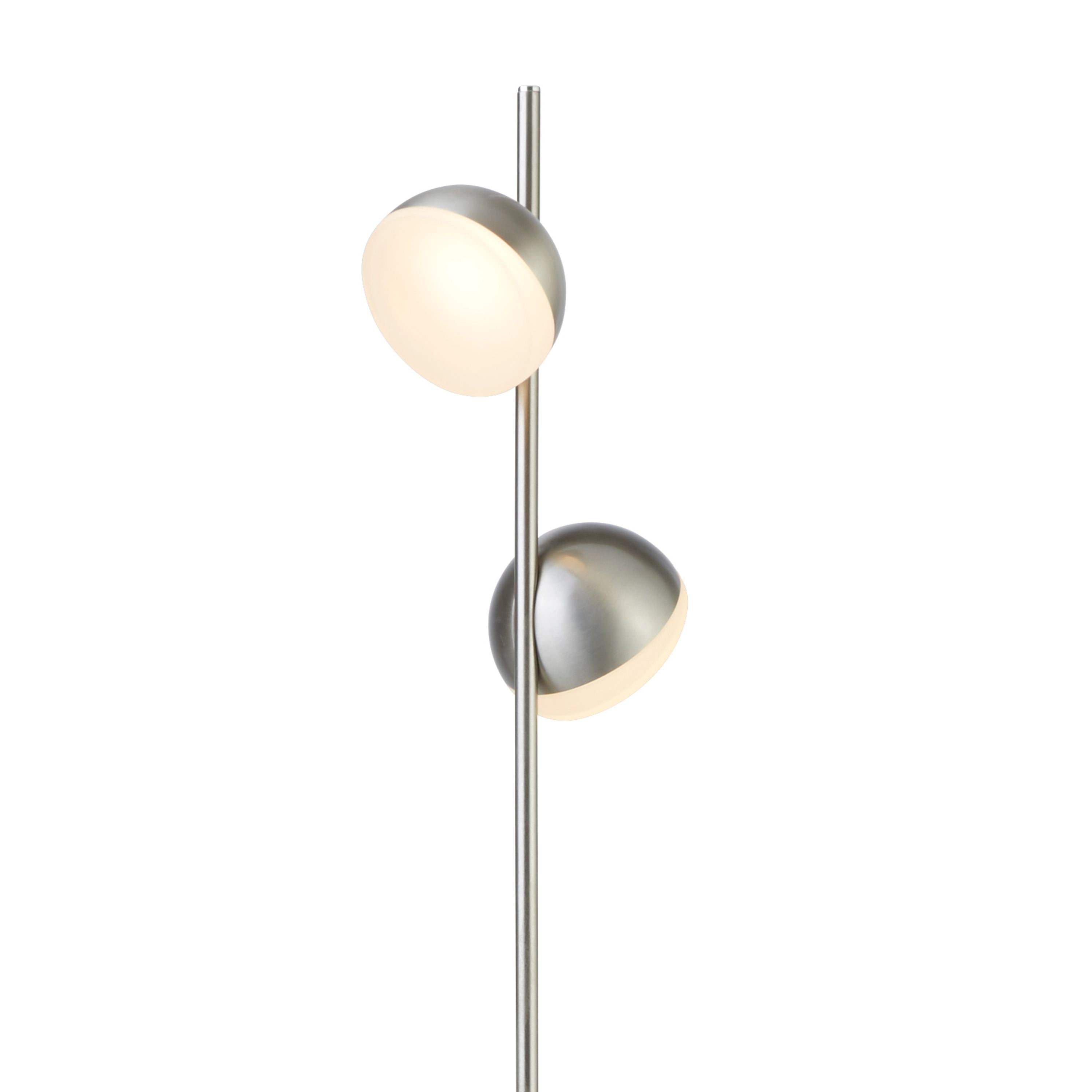 Close up of the Tully floor lamp's two frosted dome heads showing the satin silver finish